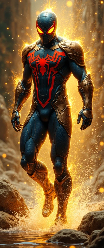 the dynamic depiction of Spider-Man reimagined as a alien x(ben10 ) in the world of Baldur's Gate, iconic spider suit and、fuse the complex fantasy armor and costumes of The Ghisyanki warriors. The characters are drawn in action-packed poses, lighting surrounded by gold, floats with light Inspired by spheres, the complex texture of, armor combines high-tech and mystical elements. The environment is full of tension and movement, splashes of water and dramatic lighting enhance the intensity of the scene.

style: Kelly Fleece's vivid, Dramatic composition, highlights intricate details and sparkling dynamic poses. The artwork captures the fusion of sci-fi and fantasy aesthetics, bold color contrasts and polished finishes.

Camera and lighting: cinematic one-shot perspective, low angle, The dramatic backlighting outlines the suit and armor Highlights. creates depth、focuses on emphasizing the texture of the costume.

resolution and quality: ((超high resolution:1.5)), ((4K:1.5)), ((high resolution:1.5)), ((masterpiece:1.6)), (( Award winning :1.4)), ((Super Detail:1.5)).