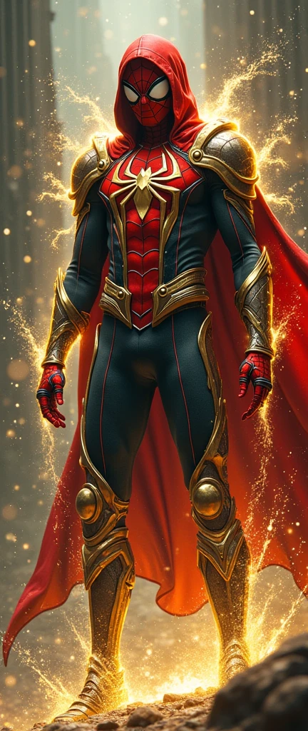 the dynamic depiction of Spider-Man reimagined as a alien x(ben10 ) in the world of Baldur's Gate, iconic spider suit and、fuse the complex fantasy armor and costumes of The Ghisyanki warriors. The characters are drawn in action-packed poses, lighting surrounded by gold, floats with light Inspired by spheres, the complex texture of, armor combines high-tech and mystical elements. The environment is full of tension and movement, splashes of water and dramatic lighting enhance the intensity of the scene.

style: Kelly Fleece's vivid, Dramatic composition, highlights intricate details and sparkling dynamic poses. The artwork captures the fusion of sci-fi and fantasy aesthetics, bold color contrasts and polished finishes.

Camera and lighting: cinematic one-shot perspective, low angle, The dramatic backlighting outlines the suit and armor Highlights. creates depth、focuses on emphasizing the texture of the costume.

resolution and quality: ((超high resolution:1.5)), ((4K:1.5)), ((high resolution:1.5)), ((masterpiece:1.6)), (( Award winning :1.4)), ((Super Detail:1.5)).