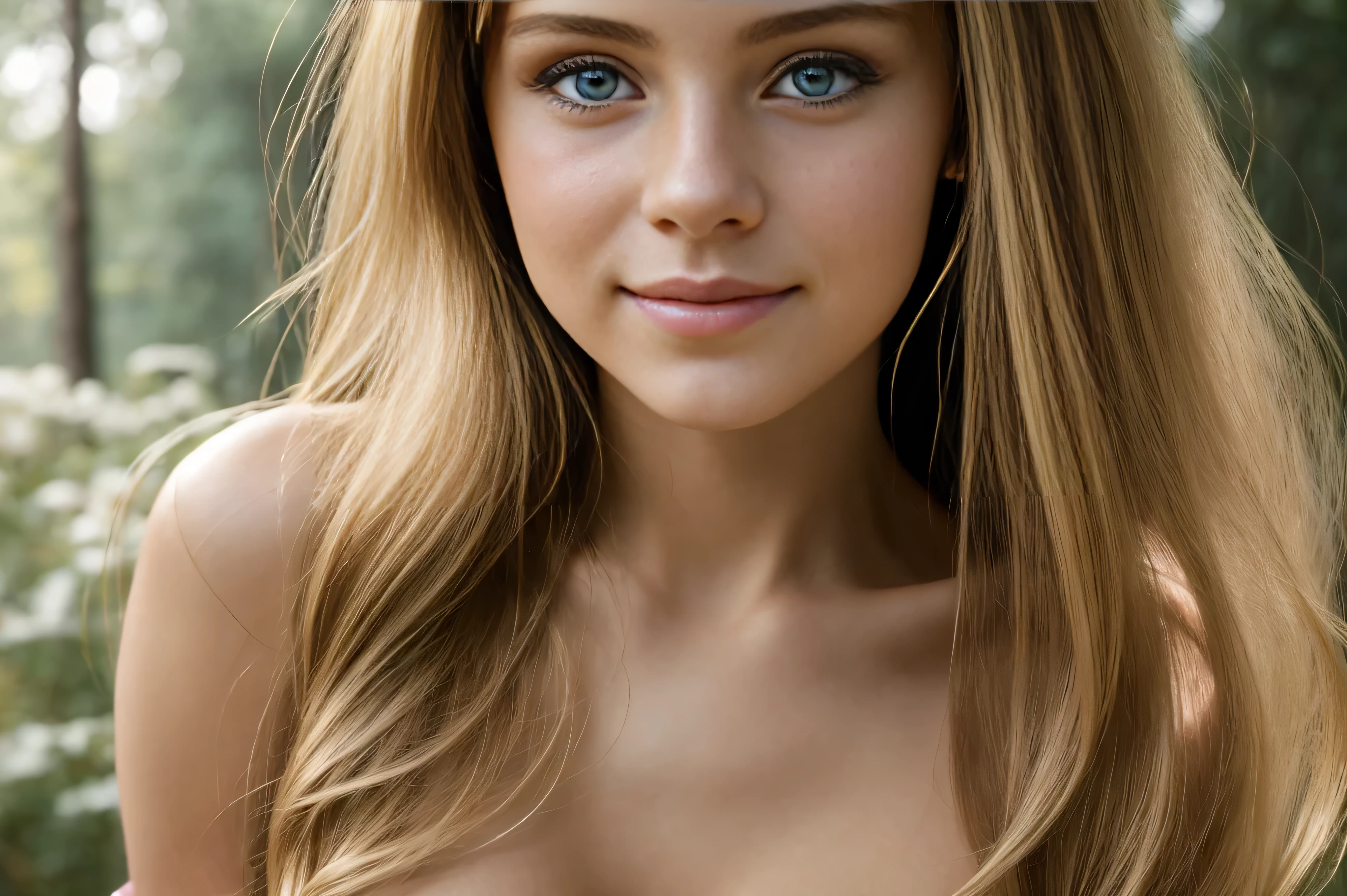 "Full body portrait of a charming naked nude girl with curly hair, figure, beautiful face, captivating blue eyes, and modest bust size, showcasing her natural beauty."