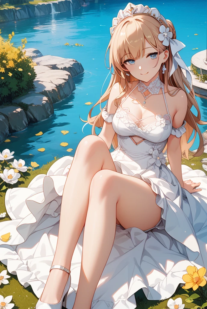1girll,独奏,on the garden,lying on the grass ground,cabelos preto e longos,Flower hair card,Black dress,black lence stockings,Lori huge breasts cleavage,Full thighs,Childlike big breasts,Pink eyes,A coquettish expression,Bare feet,Full body photo