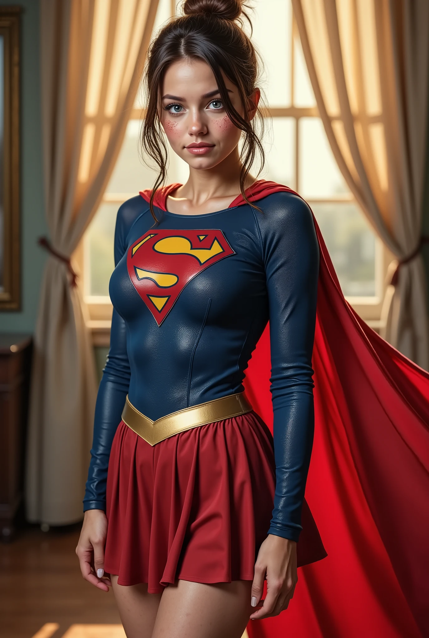 Professional 8K ultra-detailed photo-realistic image of a VERY ATTRACTIVE nerdy gal IN HER EARLY 20'S, small waist, big thick breast, brown hair in a messy bun, freckles, and parted lips. She has striking detailed blue eyes, a raised eyebrow, and a BIG flirty smile. She is standing, full frontal view, front angle. She wears a dark blue mesh textured 1980 Supergirl costume, red boots with a long flowing RED spandex cape. The setting has a soft golden hour glow, with a studio backdrop. The image is captured with 35mm film realism—masterpiece quality, best lighting, high resolution, sharp focus, cinematic style, subject-focused.