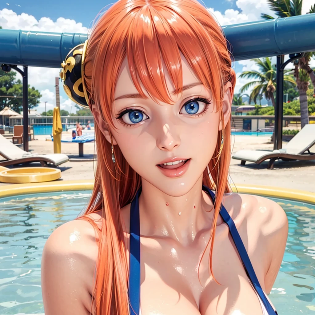 (cel anime:1.3)、(super fine illustration:1.3)、(masterpiece:1.3)、(best quality:1.3)、ultra detailed、High resolution、(depth of fields)、(Detailed eye)、(detailed facial features)、(Detailed fingers)、(detailed clothes features)、HDR、8K、skin tightening、(shinny skin)、landscapes、lovely、(upper body:1.3)、(spread arms:1.3, hands outside frame:1.3)、1woman、Japanese、25years old、(light red hair)、(semi long hair)、hair blowing in wind、Looking away、(Happy smile)、(Blue color bikini:1.3)、natural pink lipstick、Shine with colored light、(magic hour poolside, Infinity pool on the coast.)、