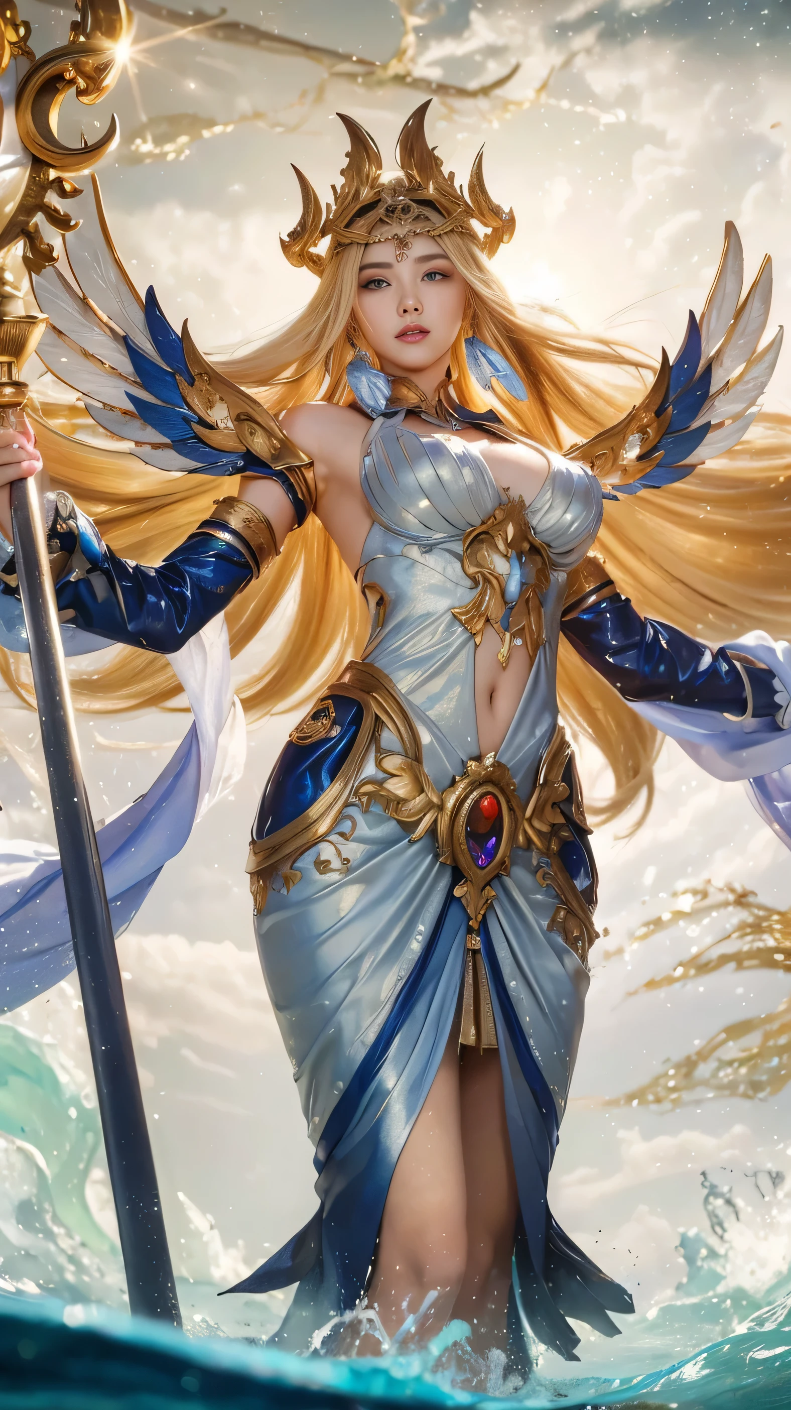 "Imagine a magical scene: Blonde Elegant Pixie, Bright blue eyes and a mysterious aura.Huge breasts, Showing cleavage，Perfect body，Her graceful figure, Slim waist，Curve symmetry, She was wearing a delicate baby doll dress，The skirt flows freely on her body, Capturing the essence of femininity and fantasy. On your back, Beautiful transparent wings spread out, Reflecting sunlight，Become an ethereal work of art. Holding a bow and arrow, She is fragile，It is also strength, Elegant and clever. This magical sight transports us to a magical realm where beauty and adventure blend together, The spirits are the essence of nature in its most charming form."