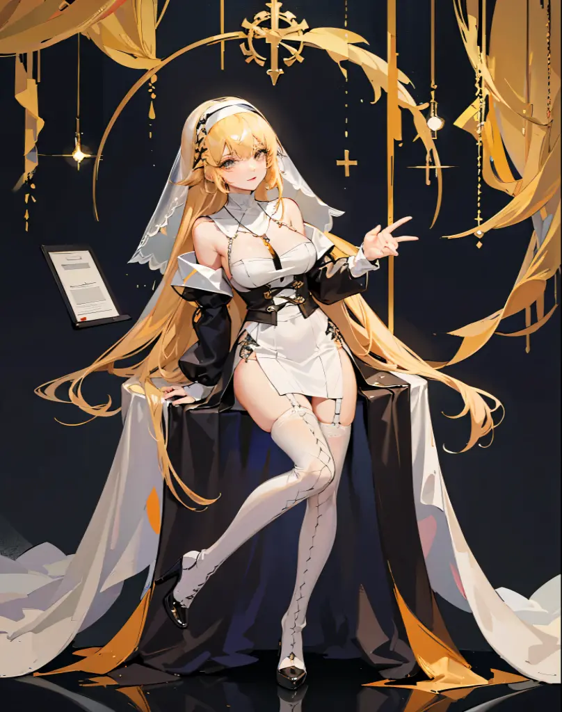 full body shot shot,portrait,solo person,a beauty girl,Hair over the shoulder,Whitish skin tone,lewd nun,Yellow-haired,Ten fingers interlocked,a garter belt,Veil,Fishnet stockings,high heels boots,Monastic uniforms,Cross necklace,side slit dress,V-shaped dress,long skirt
