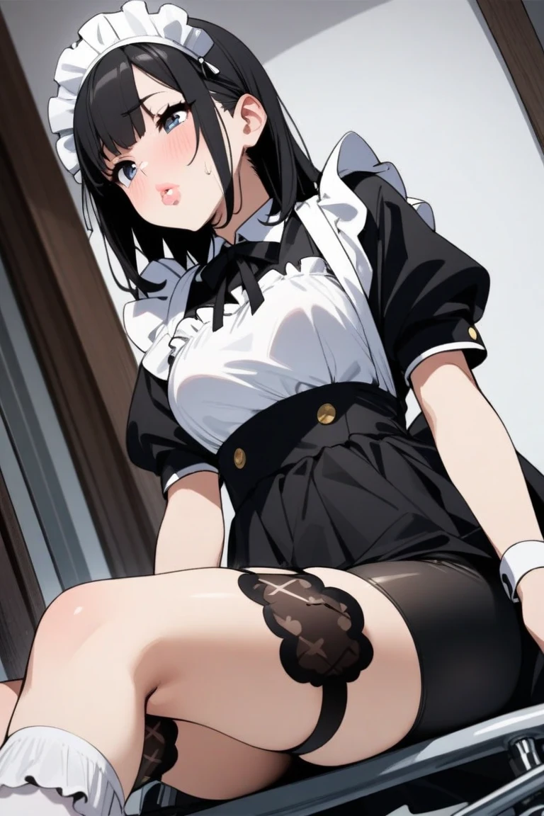 (Highest quality), (masterpiece), 1080p, High resolution, 4K, 8k, wet, ((spread legs)), ((legs up)), suspenders, Leg spread, Black Mask, Thigh straps, Shooting from directly below, ((White panties)), Gothic Lolita, Frilled Skirt, White sweat, Covered , Sweaty, Woman looking down, To achieve this, 16 years old, Mid-chest, Upper Body, Black leather shoes, Braided hair, Inner Color, Embarrassed face, Long Hair, Yellow Eyes, bracelet, train