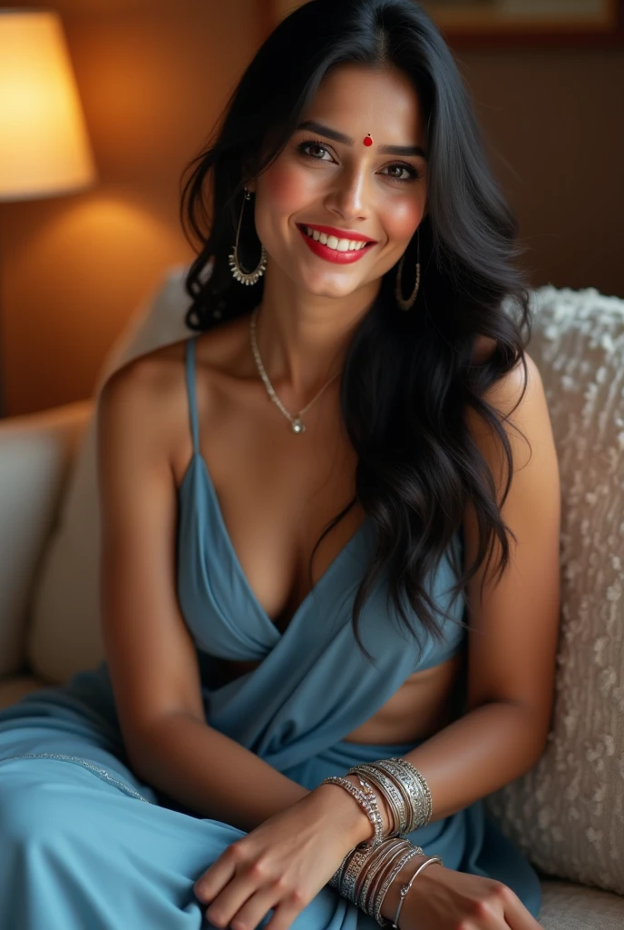 Create a realistic photograph of a smiling and beautiful indian actress in blue satin carrying a large stout man on her shoulders in a room, man is sitting on top of her shoulders , man on top, woman at bottom 