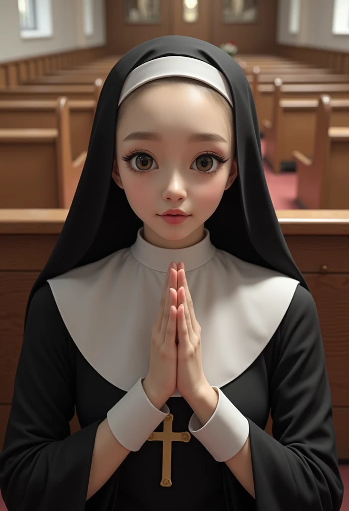 zPDXL, zPDXLxxx, score_9, score_8_up, score_7_up, score_6_up, score_5_up, score_4_up, BREAK <lora:Riko-chan_for_PonyXL:0.8>, riko-chan, 1girl, solo, realistic, nun, nun habit, nun costume, hair ornament, outdoors, hairclip, uncensored, bright, closed mouth, standing, praying, eyes closed