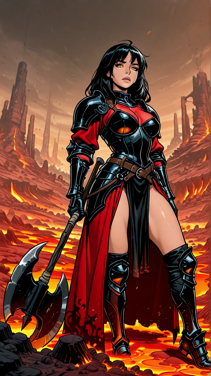 1girl, ((raised fist, propaganda poster, sexy pose)), (tall, lithe body, sexy, busty), masterpiece, best quality, high-definition, armor, busty, ((red skin), twi'lek), dual red lightsabers, sexy evil space knight, space ninja, (wearing black robes, black stealth armor, breastplate, tunic, tabard, cowl, cloak, body glove, straps, buckles, skirts, long sleeves, fantasy, ((armor))), ((busty), slender body, thin, slim sexy body, slim waist, ((huge breasts))), Imperial starship, Star Wars, military parade