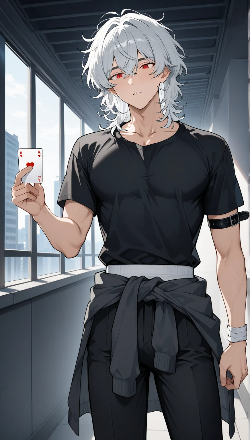Menino, male character, male face, , foco solo, arm bands , long waist band, wide black pants, male body structure, Boy's clothes, corpo masculino  10 anos de idade, a white band around the waist , short silver hair, Messy hair, medium hair, male hair, men's wavy hair, masculino, perfect face, perfect face, magro, sozinho, black men's clothing, t-shirt with sleeves, red eyes, perfect eyes,  men's clothing , Scenery in the park, Holding deck of cards.