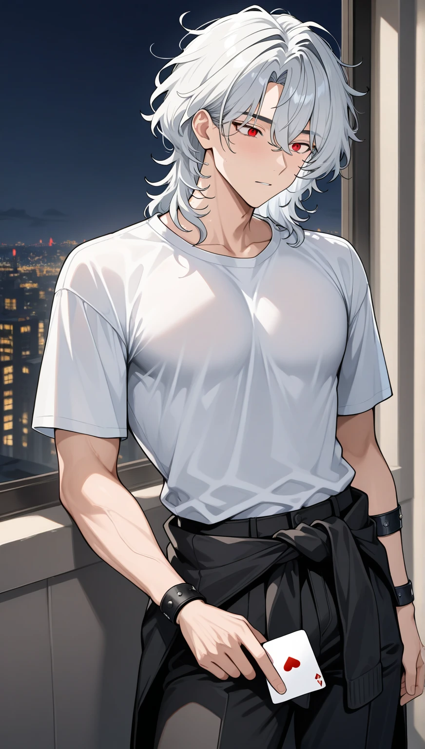 Menino, male character, male face, , foco solo, arm bands , long waist band, wide black pants, male body structure, Boy's clothes, corpo masculino  10 anos de idade, a white band around the waist , short silver hair, Messy hair, medium hair, male hair, men's wavy hair, masculino, perfect face, perfect face, magro, sozinho, black men's clothing, t-shirt with sleeves, red eyes, perfect eyes,  men's clothing , Scenery in the park, Holding deck of cards.