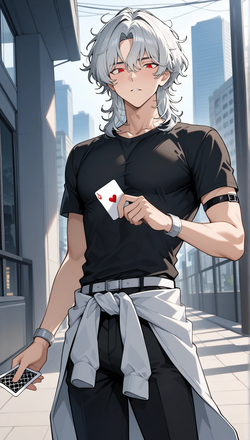 Menino, male character, male face, , foco solo, arm bands , long waist band, wide black pants, male body structure, Boy's clothes, corpo masculino  10 anos de idade, a white band around the waist , short silver hair, Messy hair, medium hair, male hair, men's wavy hair, masculino, perfect face, perfect face, magro, sozinho, black men's clothing, t-shirt with sleeves, red eyes, perfect eyes,  men's clothing , Scenery in the park, Holding deck of cards.
