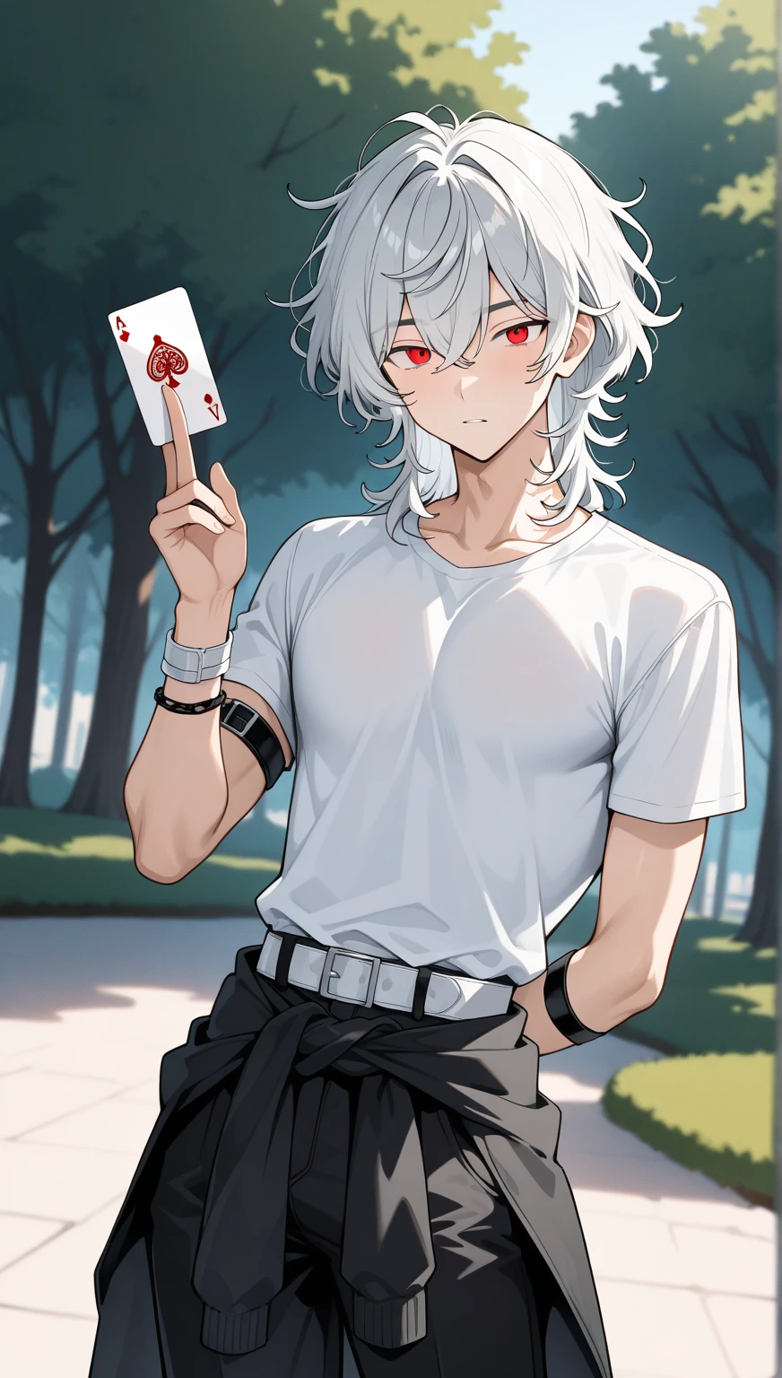 Menino, male character, male face, , foco solo, arm bands , long waist band, wide black pants, male body structure, Boy's clothes, corpo masculino  10 anos de idade, a white band around the waist , short silver hair, Messy hair, medium hair, male hair, men's wavy hair, masculino, perfect face, perfect face, magro, sozinho, black men's clothing, t-shirt with sleeves, red eyes, perfect eyes,  men's clothing , Scenery in the park, Holding deck of cards.