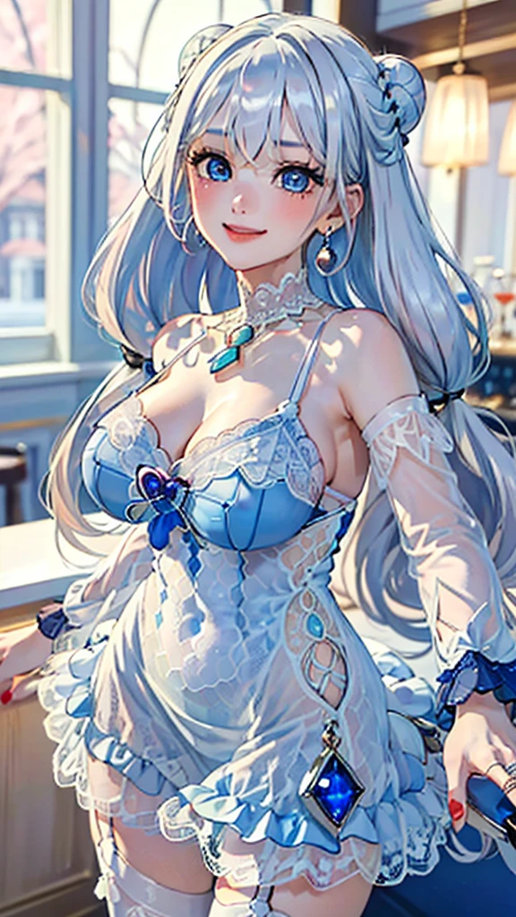 score_9, score_8_up, score_7_up, score_6_up, score_5_up, score_4_up, yu smiling, , detailed face, big silver jhumka earrings, makeup,white skin,sharp jawline ,big earrings, bracelet, delicate necklace ,big breasts, bikini ,blue eyes