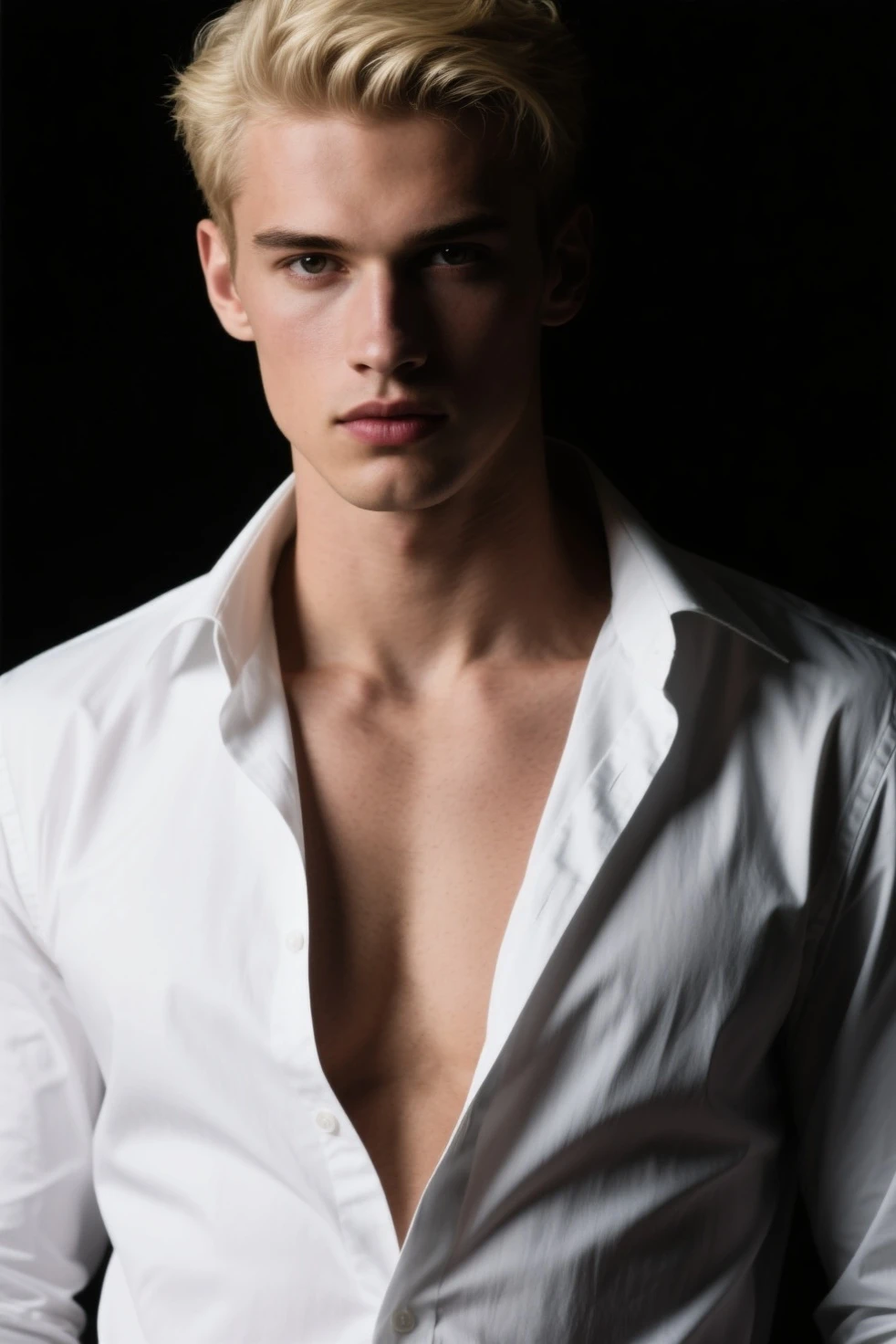 ( (10:1.27), Best qualtiy, master-piece, ultra-high resolution:1.2) Handsome man portrait, young,perfect face,Perfect body,White shirt,Leaky abdomen,Real Skin,realistic