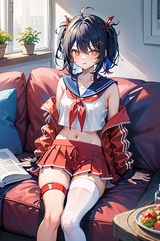 A 22 year old Japanese girl. She's very athletic and fit, with a slim, muscular build. Her whole body is well built but still slim and slender. Her arms and legs are slender while still being muscular. She's 167 cm tall. Her breasts measure to be C-cup. She typically wears a blue jacket, blue and red sports bra, blue and red sports shorts and red brand-name sneakers. She has a short bob cut with bangs that reach her eyebrows and the left side bangs kept out of her face using a hairpin. Her eyes are red and her head is small and angular, with a pretty face. She's sitting in a bus.