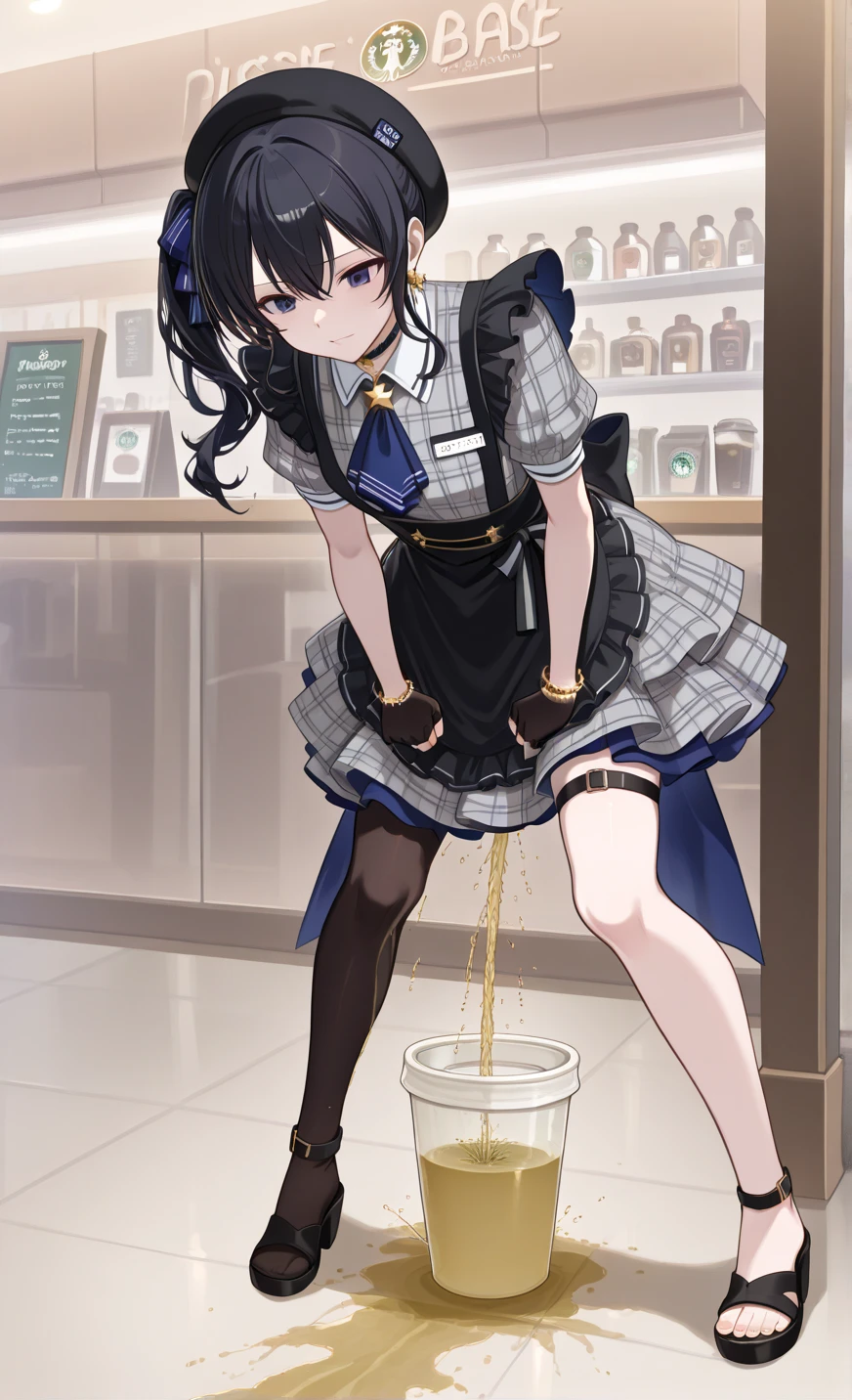 NSFW, (masterpiece, top quality, best quality, highly detailed:1.6), anatomically correct, (full body), wide shot, long shot, (Knee rubbing:3), (leaning forward, Hold the crotch area over the clothes:2.5), (standing:2), (((clutching ??????))), (woman standing in the Cafe, indoor), (pastel colors Cafe Waitress,Apron, Extremely wet with pee:2.5),strong facial expression, (sharp eye:1.2), (scowl:1.1), (embarrassed,blush:2.3), (steam:2.9), (Breathe heavily:3.5), (Wet:1.1), (sweat:1.1), (trembling:1.3), (open mouth, wavy mouth:1.7), (clenched teeth:0.3), (Drooling from the mouth:2.7), (open eyes:2.5), (tears:2.9), (feeling weak:1.5),(empty eyes, dead eyes:3), (bravery crying, sobbing:1.5), (shoot from front:1.2),(looking up, Gazing Upward:3), (bare feet, high-heels:2.8),(Glasses:2.6), (long hair, Dark brown hair, extra long hair, Ponytail:2.2), (woman trembling with sexual climax:1.5), colorful, perfect composition, (Touching the crotch:1.7), urination, incontinence, ????, peeing self, A lot of pee, (((pee stream))), (pee puddle), Wetting herself, peeing, blush, trembling, embarrassed, large breasts, Yellow pee, ((leaking pee)), Shaking one's shoulders, Breaking a sweat on forehead, pee spreading on the ground, (Pee stains), Full bladder, ((Pee-soaked skirt)),(Pee-soaked high-heels), natural makeup,Pee dripping from skirt,((skirt with big urine stains)),(Widespread urine stains,skirt covered in urine),(skirt is almost wet with urine),