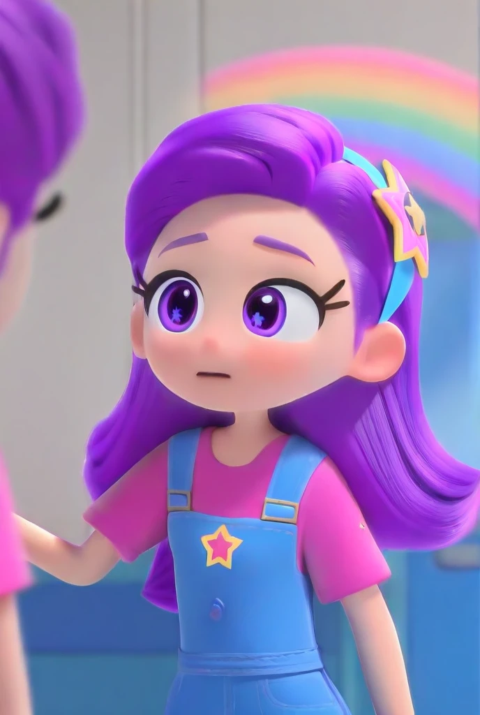 Rainbow_StarRB fair skin, purple eyes, wavy hair, purple hair, light blue headband, star headband, pink t-shirt, light blue overalls, white socks, purple shoes