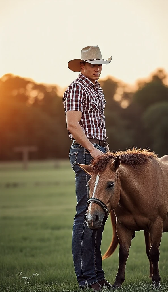 Young handsome cute beautiful skinny white face without shirt  con un jirasol en un campo de girasol cowboy alado un caballo con su cueda