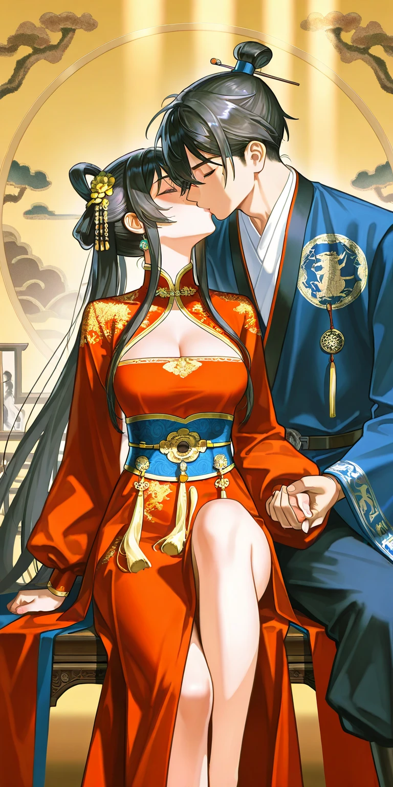 Period drama manga style A 15-year-old super beautiful Chinese girl with black hair in a bun cut(1 person) She is wearing a royal long-sleeved Chinese dress She is forced to be held by the perverted old emperor while facing each other and cries. She exposes her nipples and faces the man as he inserts his penis into her pussy and they begin having sex. She wraps her legs around the man She writhes with her tongue out