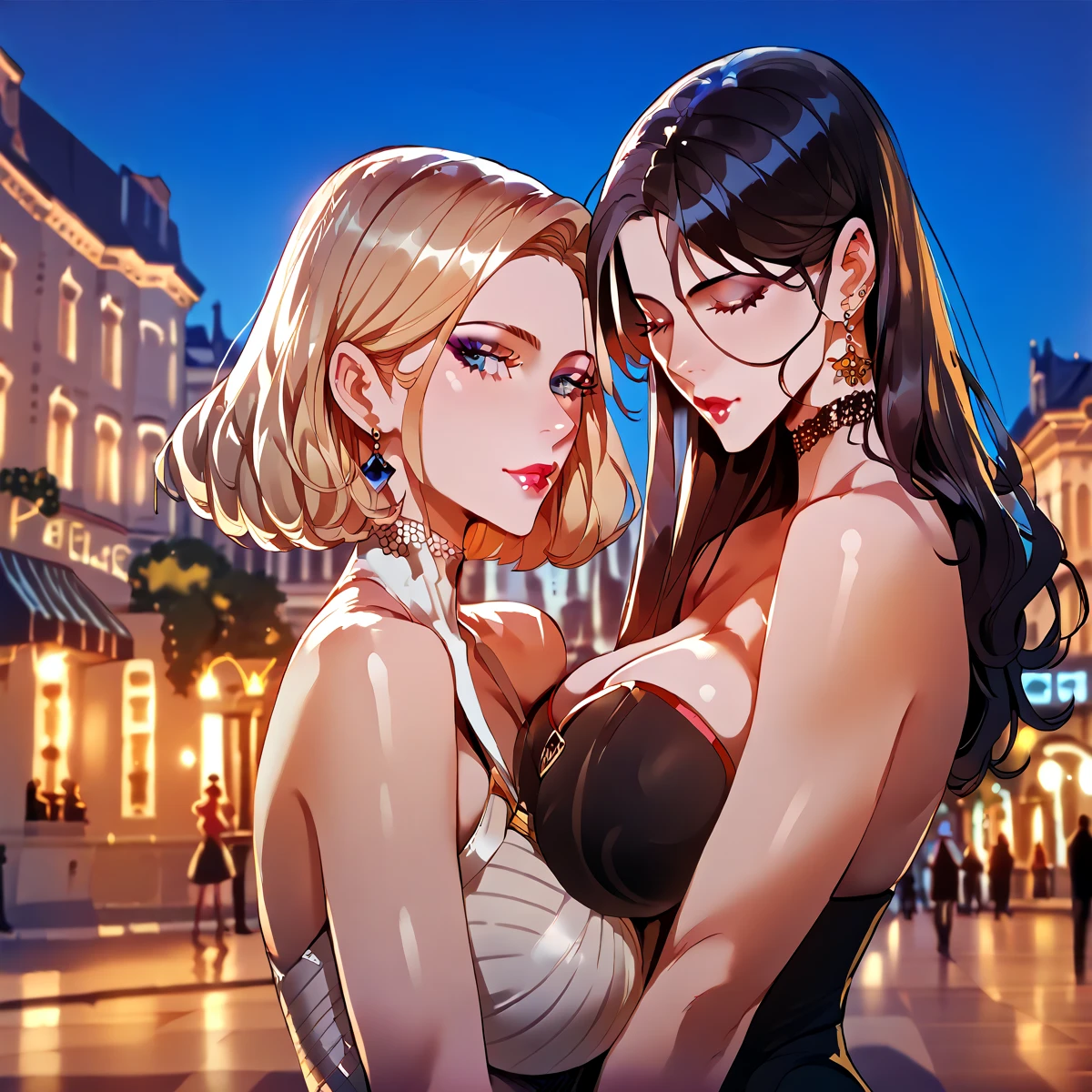 Hugging couple, 1 handsome mafia boss with broad shoulders, thin waist, golden eyes, messy black hair, sharp jaws, 1 beautiful girl, ash brown hair, blue eyes, wearing white dress, night sky with city lights, ((masterpiece, Best quality, a high resolution, ultra detailed))