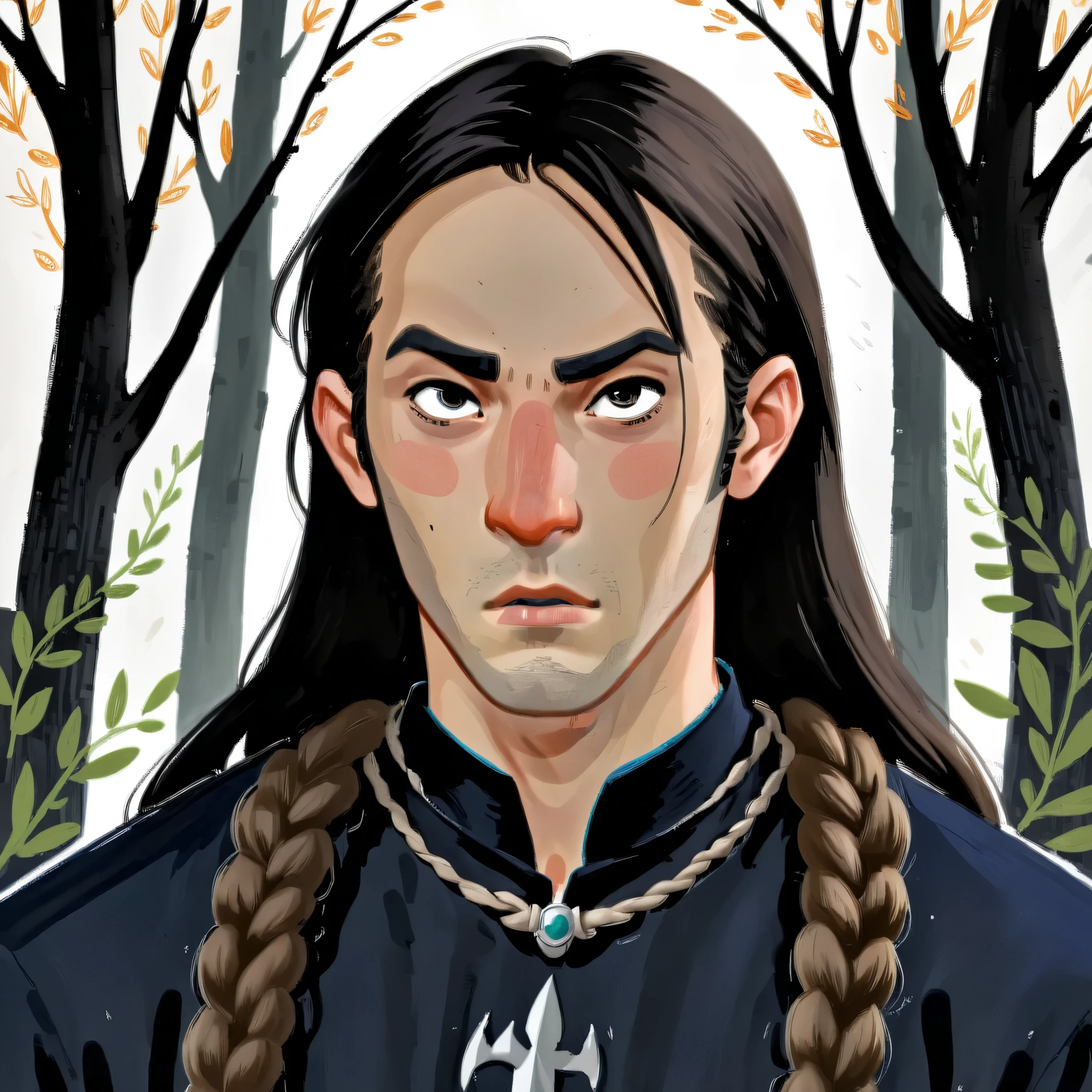 2D ART, hyper detailed gouache painting, illustration, gougoupaintleaves style, portrait of a man, 1boy, solo, long_hair, braided brown hair, high_ponytail_hairstyle, male_drow:1.5, dark elf, black eyes, black_sclera, detailed face, handsome features, dark medieval tunic, pointy ears, standing in a dark forest, pov from_below, frontal full body shot, on simple white background, full body shot, very detailed, ren's picture books, FRESHIDEAS Illustration No. 12