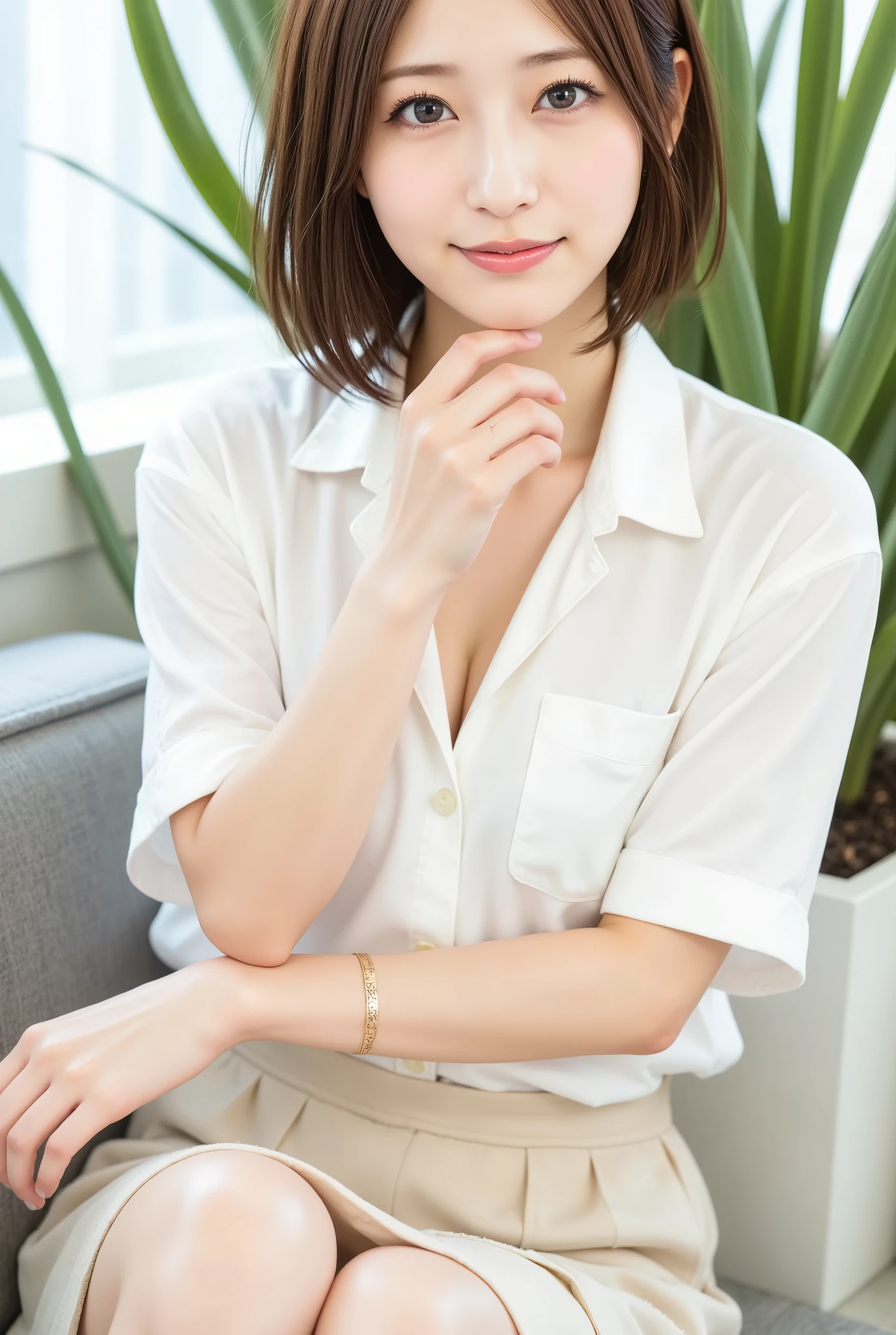(Best Quality, masutepiece, Ultra HD: 1.3, High brightness, High color saturation), 1girl in, （middlebreasts）, light brown hair, Asymmetrical hair, straight haired, Long hair, （ slender body shape, Constricted waist）, （Ultra Fine Face）, Delicate lips, （beautidful eyes）, thin blush, eyes are brown, perfect glossy skin, View here, Smiling smile, （ hide one's hands）, （Sitting on a bench）, （thin and long legs, Thighs and toes:1.5), See-through white blouse, Tight skirt, panty shot,（White pumps）, (a japanese girl, hposing Gravure Idol), Broad-leaved forest, 135 mm, Fuji Film