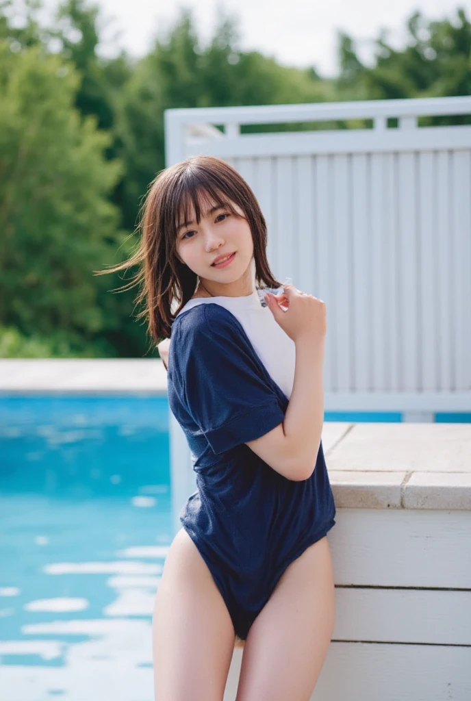 (highest quality: 1.3), (masterpiece: 1.3), (Very detailed: 1.3), (wallpaper, One Girl: 1.1)、(Delicate hands and fingers:1.2)、(got it, Oily and shiny skin:1.1)、Greasy and shiny thighs、(Introducing a beautiful two-tone red and white one-piece school swimsuit...:1.2)、(Brown Hair:1.2)、smile、(Beautiful big breasts:1.3)、Medium Hair、Beautiful sister、(Resort:1.3),Maldives、(Beautiful light blue water surface:1.2)、No waves、Overwater Bungalows、1 pier、Stand on the pier、Rear View、Sexy pose、Wet Hair、Body gets wet、Your swimsuit is wet、Sensual look
