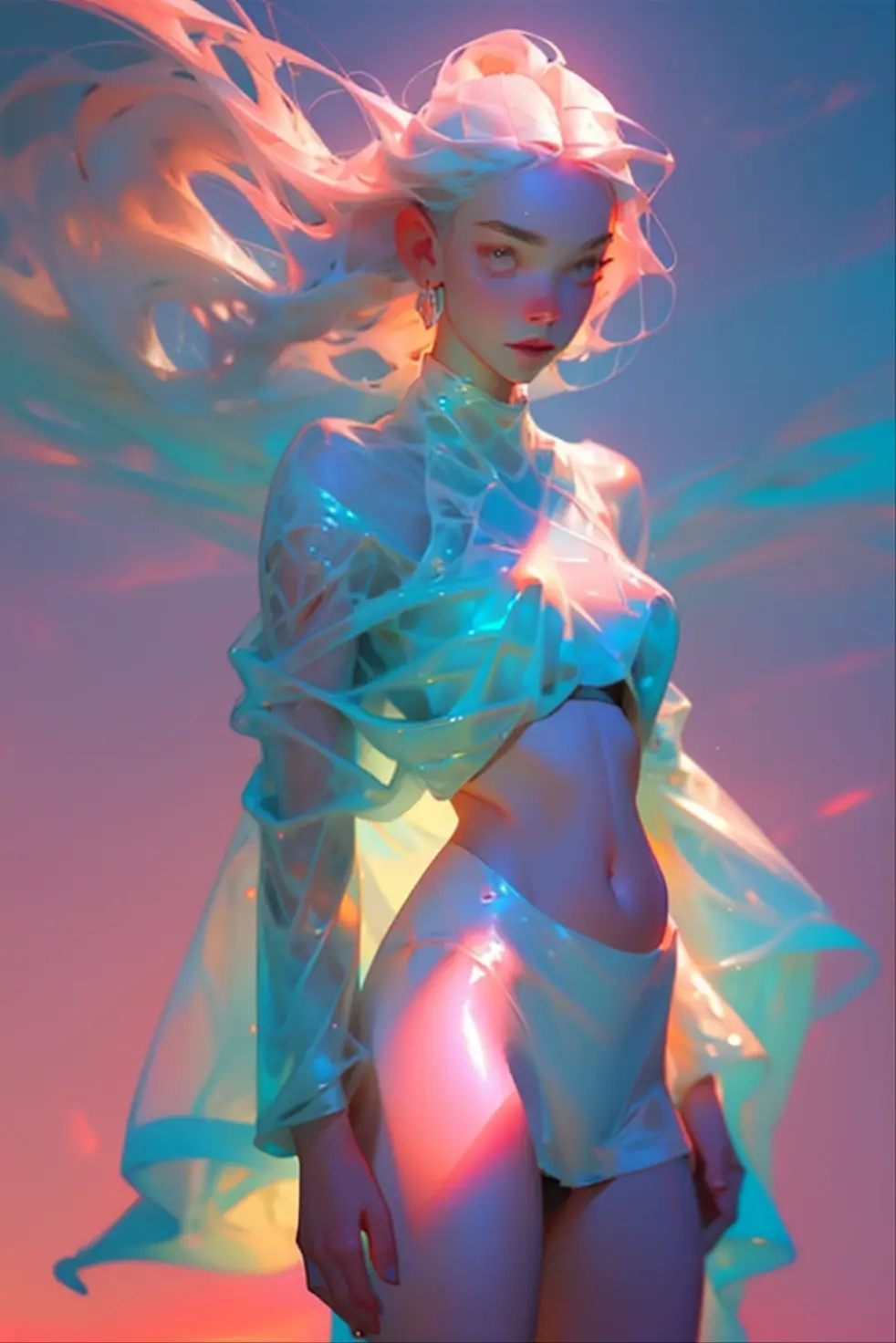 Step into a world of fantasy and wonder with a detailed and visually stunning prompt for a surreal rendering of a milfy-girl in a sheer-croptop-bikini, shining-body from water-sunlight, croptop with sheer clothing translucent fabric, surrounded by soft silky paint, silky lighting featuring a variety of styles and variations to bring your vision to life.