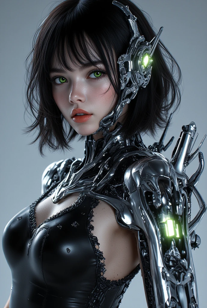 1 mechanical girl,((Ultra realistic details)), portrait, global illumination, shadows, Octane render, 8K, ultra sharp,metal,difficult, decoration detailed, cool colors, Egyptian detail, highly difficult details, Realistic light, trending CGsociety, Brilliant eyes, front camera, neon details, mechanical limbs,blood vessels, connected to tubes,mechanical vertebra, attached to the back,mechanical cervical attachment to the neck,sitting,wires and cables, connecting to the head