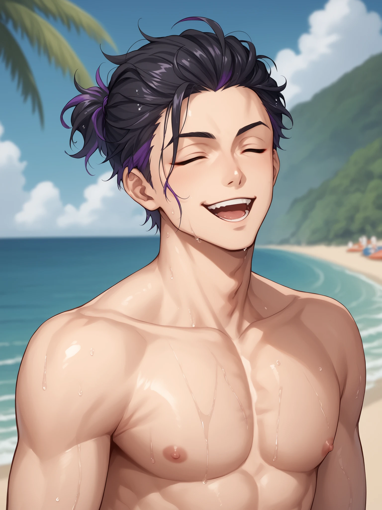 A young man, 22-years-old, solo, Caucasian, masculine face, muscular physique, shaggy tousled black hair, brown eyes, cheerful smile, mouth open, no shirt, shirtless, black swimming trunks, thin silver necklace, small silver earrings, beach, holding a skewer with grilled meat on it