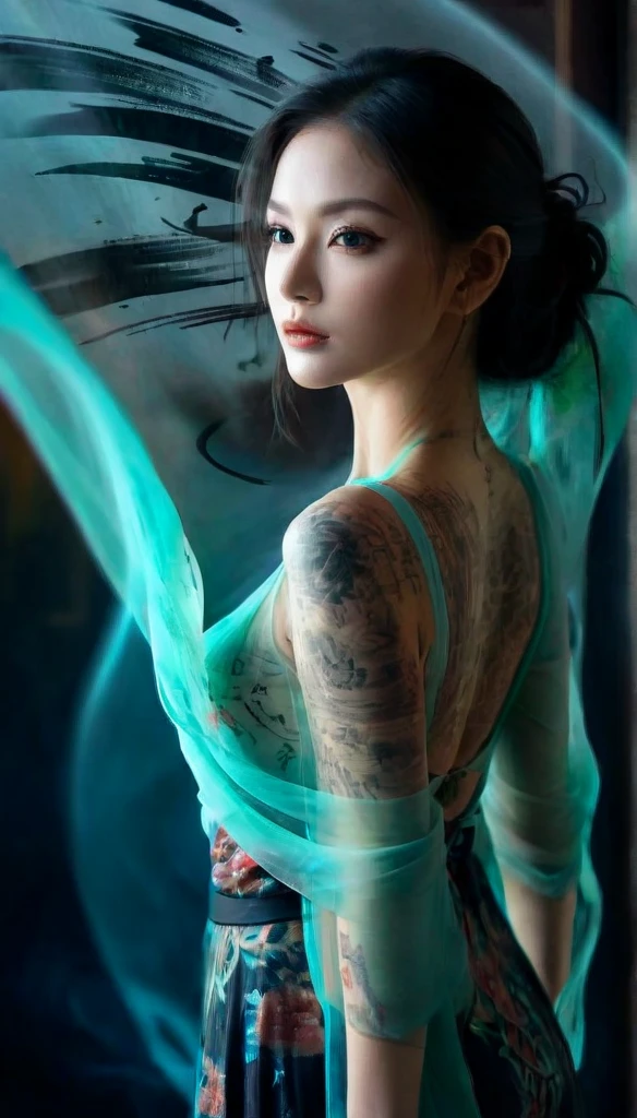 A woman who is,Clothing does not cover the body, Ultra detailed art abstract photography in dark hookah spiral, Lace satin-like flowing smoke like clouds and smoke, Ten billion wild feng shui journey, perfectly proportions, A detailed, art by alberto seveso, Carne Griffith, Wadim Kashin, Jean Baptiste Monge, splashart, ink cloud, dynamic dancing pose, intricately details, carefully, at centre, in frame, dramatic lighting, Popular on CGhSociety, iintricate, Epic, Popular on artstation, highly detailed, TanvirTamim, with dynamism, Make movie character renderings, Ultra high quality, 8K