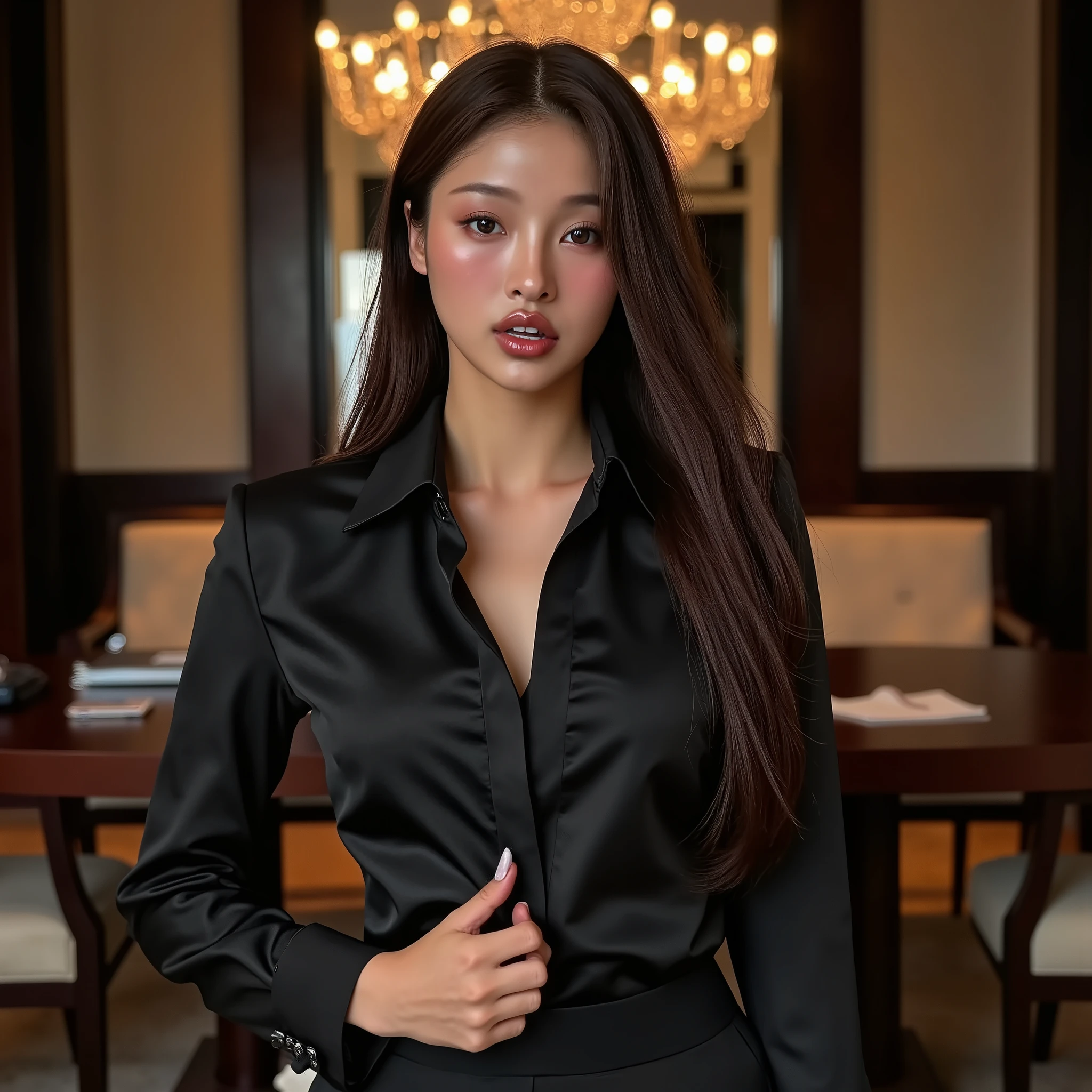 1 , solo, high resolution, longye hair, Bblack hair, extremely lifelike, very beautiful, big-ass, legs thick, fitness, wearing black shorts, leather shorts, black blouse, Bedroom Fund 