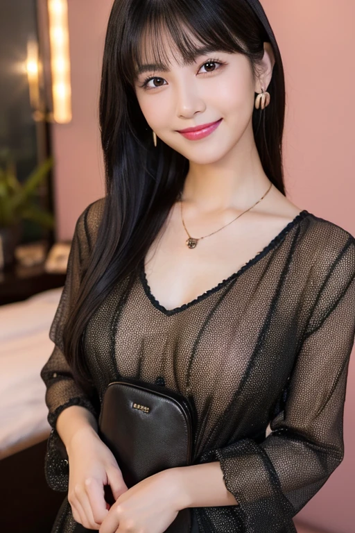 highest quality, Photoreal, finely, High resolution, 8k wallpaper, perfect dynamic composition, beautiful and detailed eyes, black hair、big and full breasts、random sexy pose、chest to chest、(Breast bulge 1.3)、laughter、(droopy eyes 1.4)、adult beauty、Japanese、look at the person taking the photo、(black blouse,necklace), (fine dining restaurant)、night view