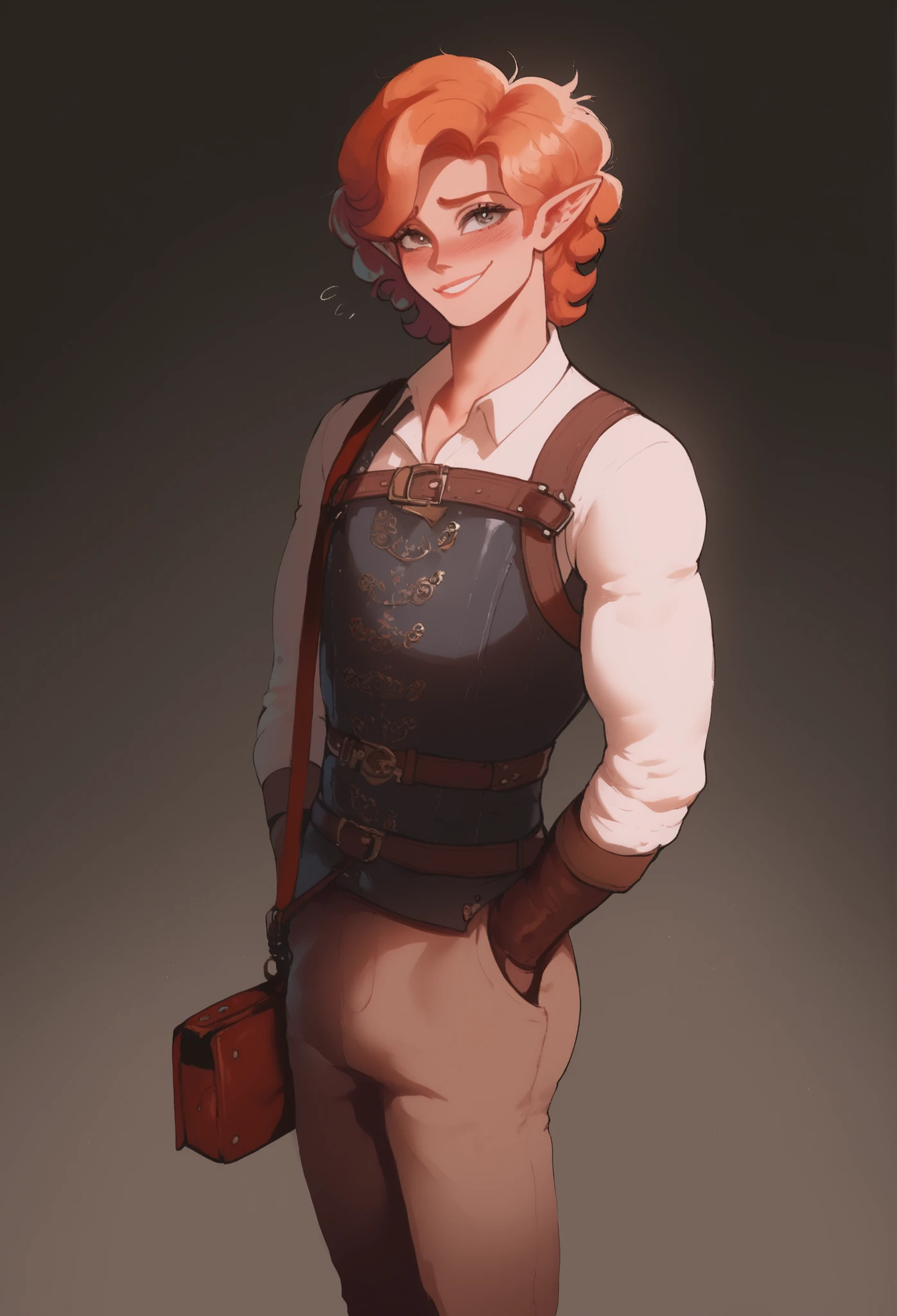 (Masterpiece, Best Quality, High Quality:1.4), (professional artwork, extremely detailed), 1boy, short height, narrow shoulders, slim, (femboy), skinny, ginger hair, dark eyes, pointy ears, embarrassed smile, blushing, shy, adventuring gear, (medieval clothes), brown work trousers, bag, (cave background), looking up at viewer, standing in front of viewer, nyantcha style, thiccwithaq style