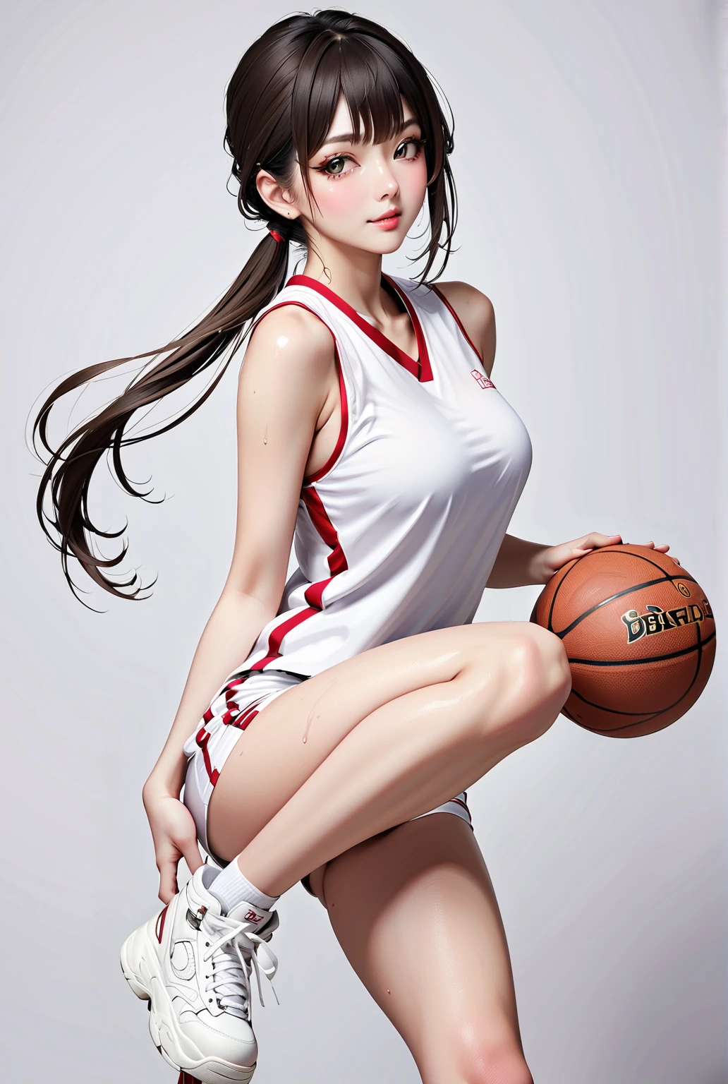 (8k, Best Quality, Masterpiece: 1.2), (Realistic, Photorealistic: 1.37), Super Detailed, Best Quality, Super High Resolution, Professional Lighting, Photon Mapping, Radiosity, Physically Based Rendering, Cinematic Lighting , basketball court, depth of field, focus, sun rays, good composition, (bokeh: 1.2), 1 girl, (whole body), (closed mouth), beautiful eyes, pose, constriction, basketball uniform, black hair , messy hair, long hair blowing in the wind,(ulzzang-6500:1.2) mix4, hiqcgbody
