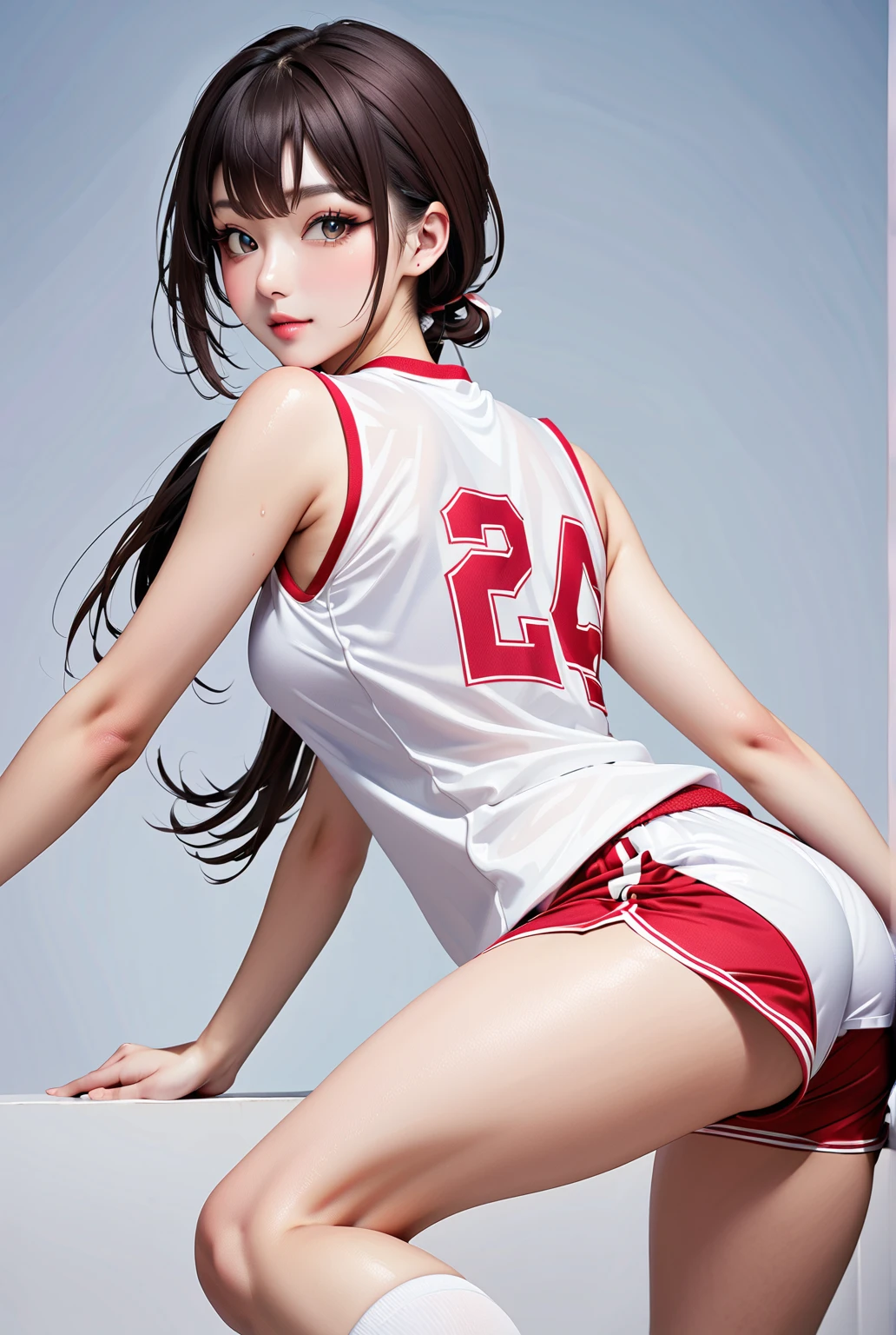 masterpiece, high res, 4k, (perfect anatomy:1.5), perfect long legs, perfect arms, Volleyball girl, volleyball outfit, tight shorts, thin build, medium breasts, cute face, rose cheeks, long black hair, brown eyes, ribbons and bows in hair, sexy pose, stockings, sexy body, on knees, back arched