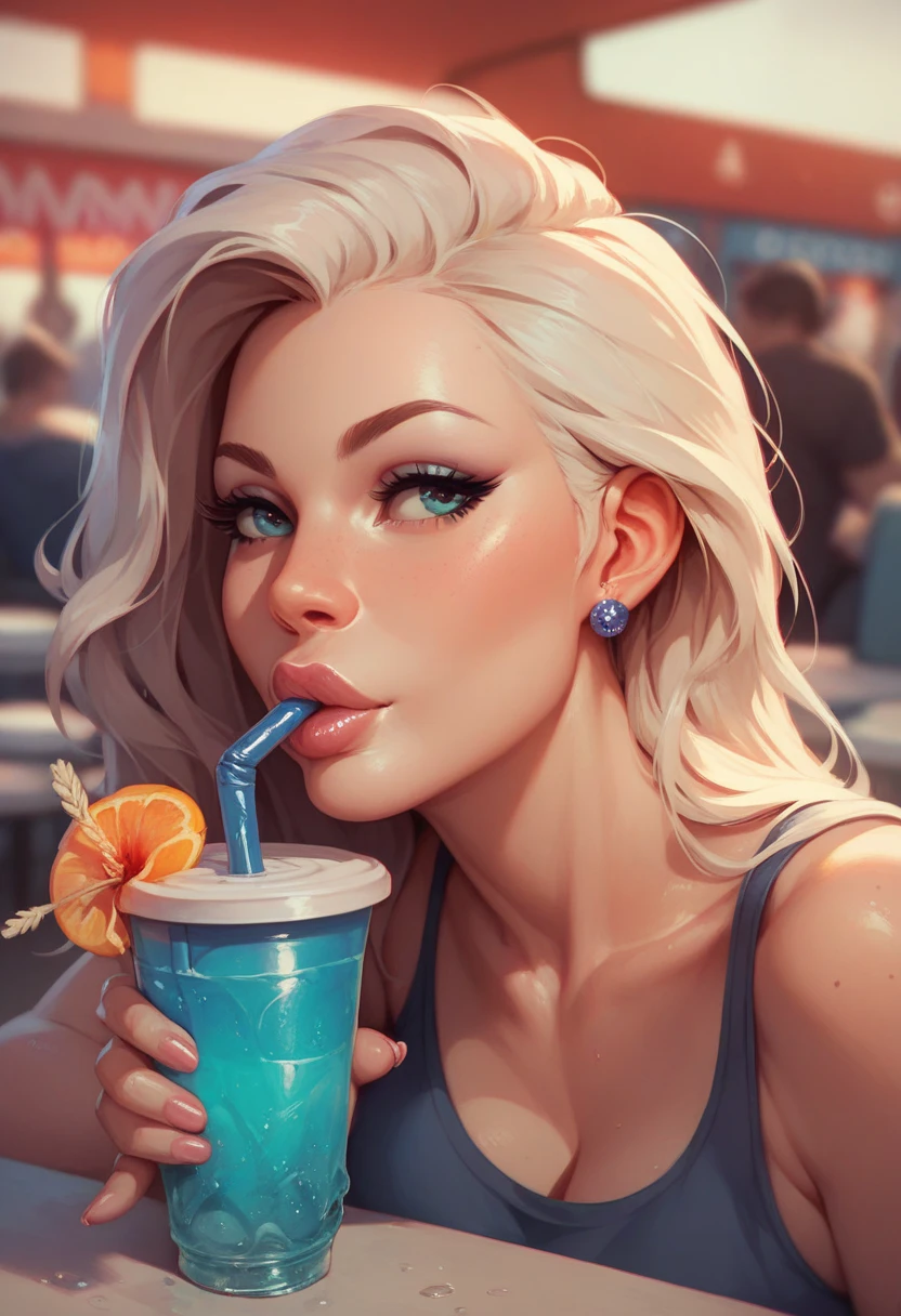 masterpiece, best quality, extremely detailed, Female, beauty, gorgeous lips, blonde hair, asymmetrical bangs, kawaii, happy drink, super loose fit, black pantyhose, sitting, relaxed, casual, summer,