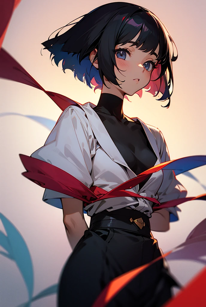Two or more female college students、Black Bob、Tying hair with a red ribbon、Wearing a black jersey、Looking this way and smiling