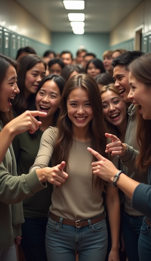 A brunette woman, slim, medium and wavy hair: selfie in the classroom with all the students also laughing and posing for the photo at a university NOTE: A PHOTO FOCUSING ON EVERYONE
