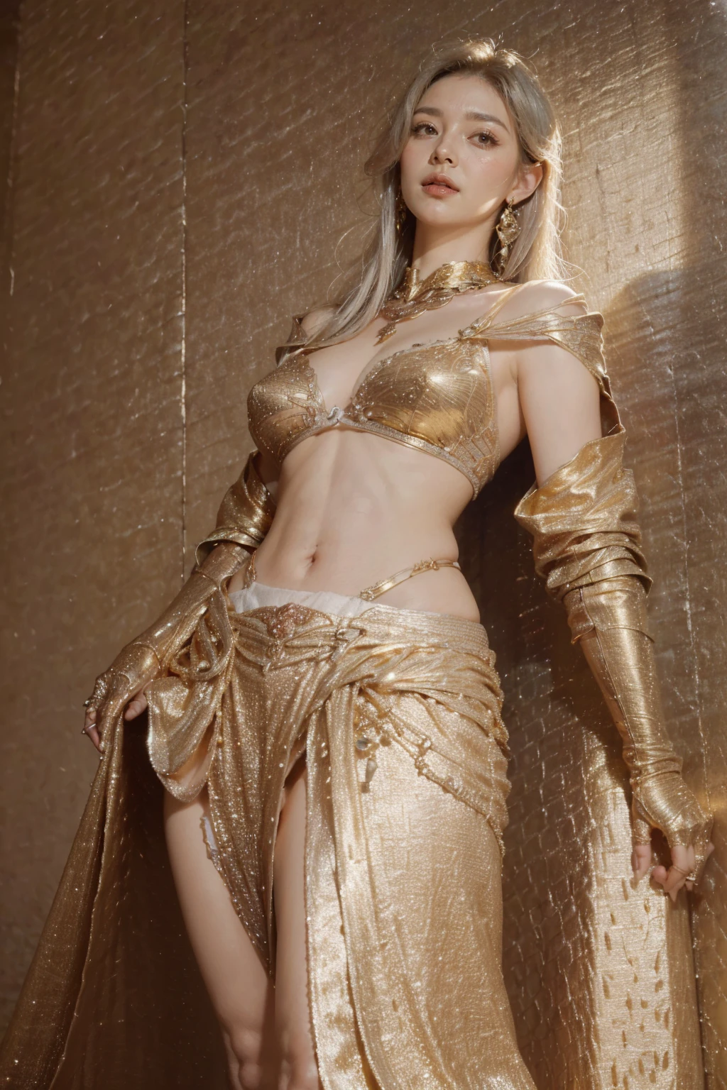 1girl full body standing, nice ass, Hairstyle with a braid, white colored hair, BLINDFOLDED, perfect lighting, muscular, thights, Mature woman, mummy, bellybutton, Abs, looks at the viewer (masterpiece, hiquality: 1.1) smile, Extremely huge breasts, Maternal, porcelain skin, extra very long hair, sparkly skin, good face, chest cover