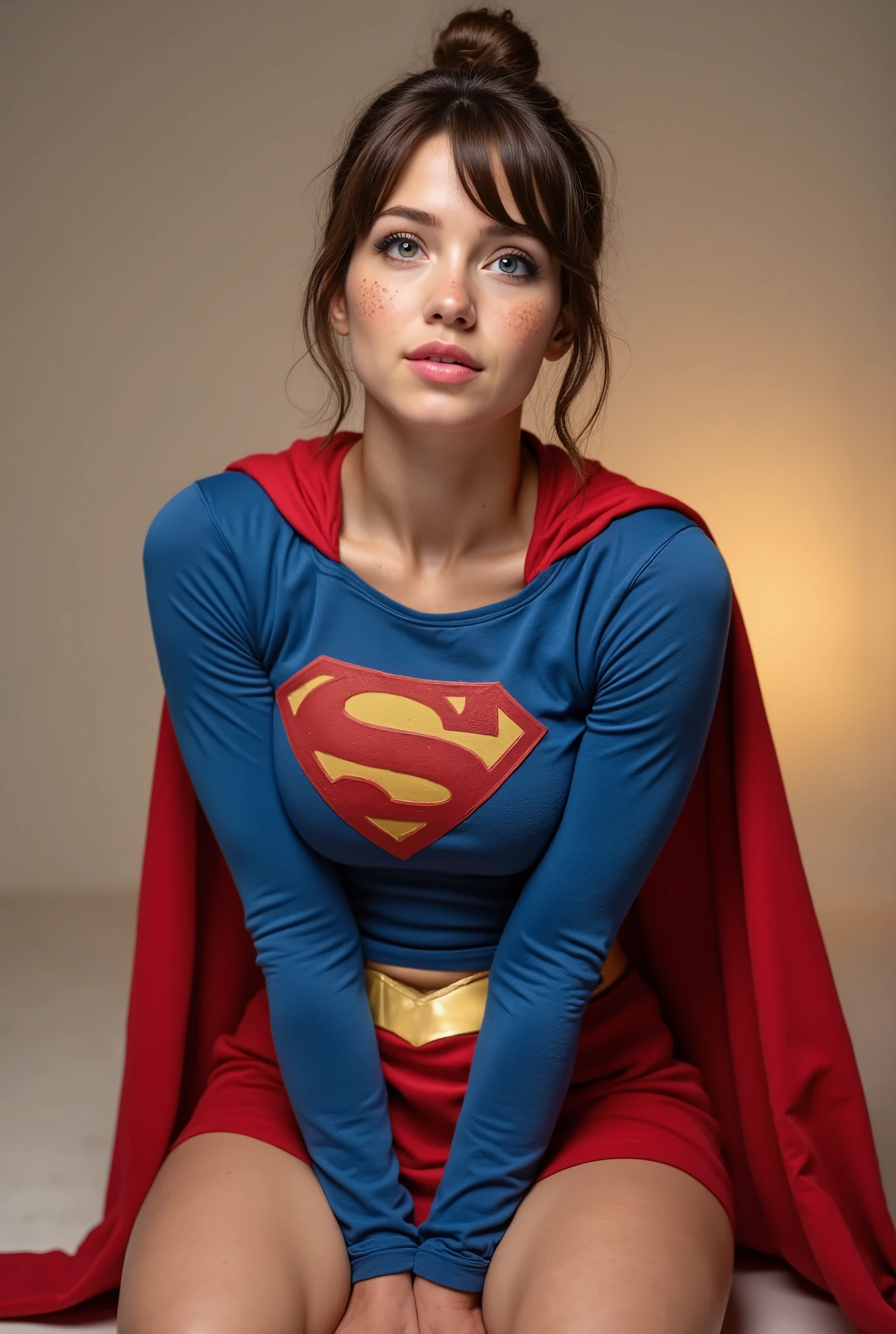 Professional 8K ultra-detailed photo-realistic image of a VERY ATTRACTIVE nerdy gal IN HER EARLY 20'S, small waist, big thick breast, brown hair in a messy bun, freckles, and parted lips. She has striking detailed blue eyes, a raised curious left eyebrow, and a lovely flirty smile. She is kneeling, full frontal view, front angle. She wears a dark blue textured 1980 Supergirl costume, red boots with a long flowing RED spandex cape. The setting has a soft golden hour glow, with a studio backdrop. The image is captured with 35mm film realism—masterpiece quality, best lighting, high resolution, sharp focus, cinematic style, subject-focused.