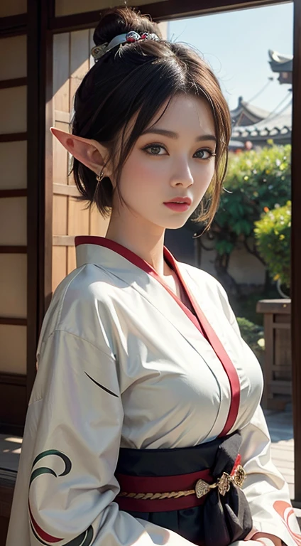 beautiful elf girl, wearing a kimono, shoulders are bare