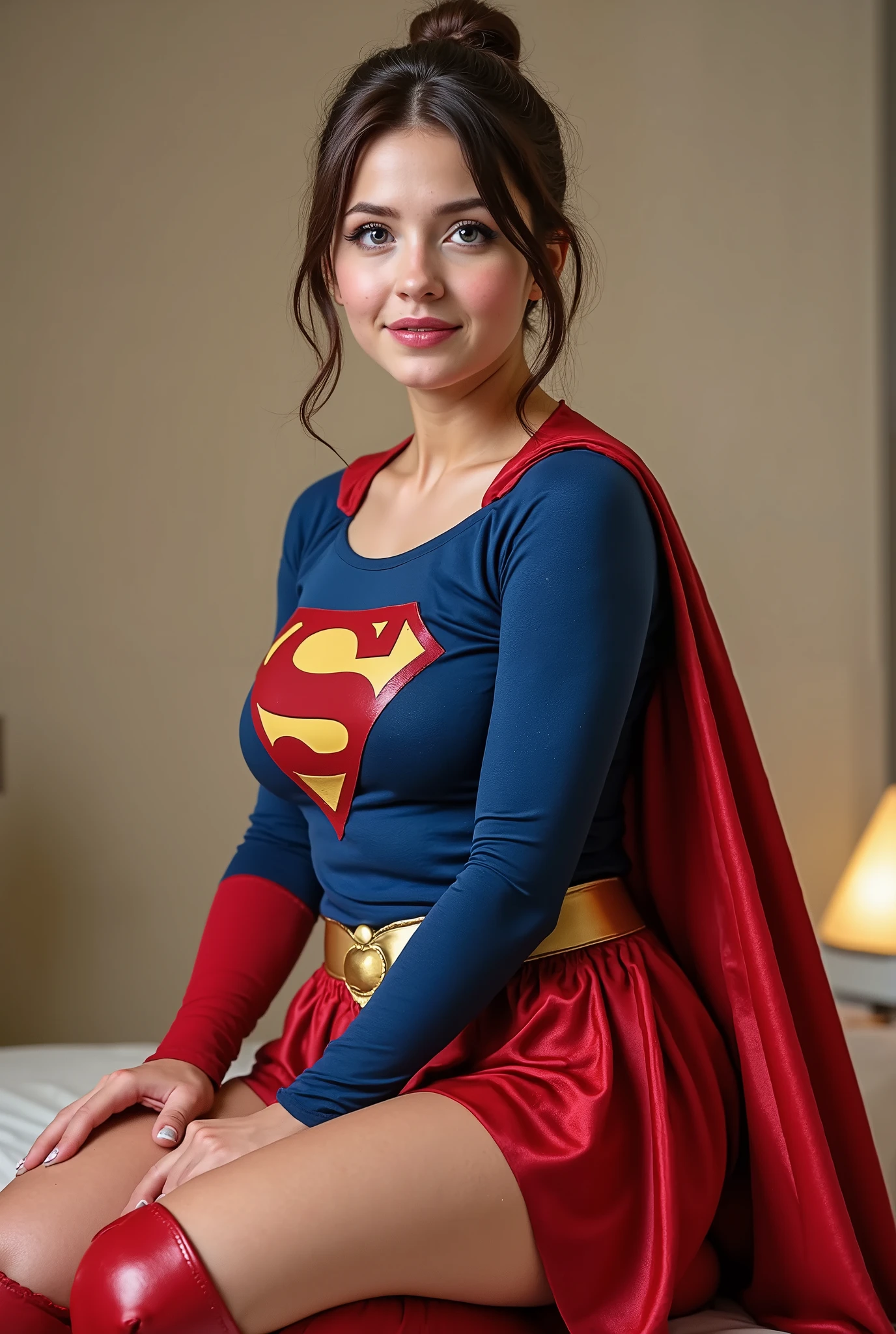 Professional 8K ultra-detailed photo-realistic image of a VERY ATTRACTIVE nerdy gal IN HER EARLY 20'S, small waist, big thick breast, brown hair in a messy bun, freckles, and parted lips. She has striking detailed blue eyes, a raised curious left eyebrow, and a lovely flirty smile. She is kneeling, full frontal view, front angle. She wears a dark blue textured 1980 Supergirl costume, red boots with a long flowing RED spandex cape. The setting has a soft golden hour glow, with a studio backdrop. The image is captured with 35mm film realism—masterpiece quality, best lighting, high resolution, sharp focus, cinematic style, subject-focused.