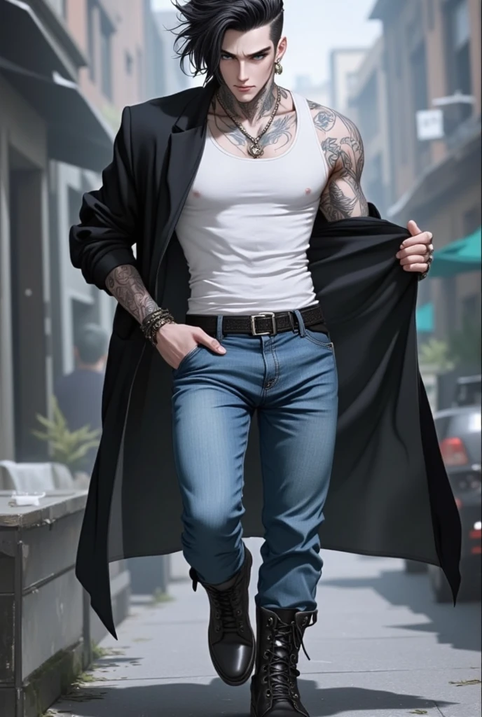 Create a male model of urban clothing with a wide white skirt and black jeans