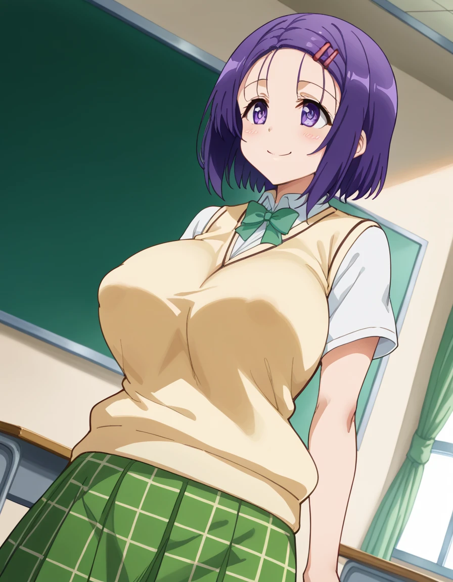harunasairenji, haruna sairenji, hair ornaments, hair clip, (purple eyes:1.1), purple hair, short hair, flowing bangs, (amount:1.3),(large breast:1.1),busty,cleavage,full bust,((slender)),(thin_waist),(narrow_waist:1.6),
break green skirt,格子縞の skirt, Sainan High , , skirt,school uniforms,short sleeve,(shirt lift),(show off bra),((clothed bra)),((skinny body)),Emphasize cleavage,breath, sweat, wet, smirk, nose blush, heart-shaped pupils, frustrated,
break indoors, classroom,
break (masterpiece:1.2), highest quality, High resolution, unity 8k wallpaper, (figure:0.8), (detailed and beautiful eyes:1.6), highly detailed face, perfect lighting, Very detailed CG, (perfect hands, perfect anatomy),(from above),hands on breast