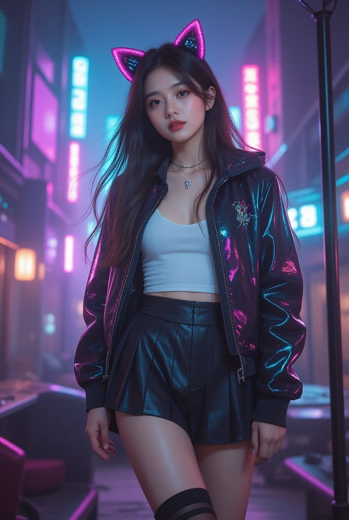 a stunning korean woman, girl sitting on the hood of a car, black leather jacket, black top, long wavy pink and white hair, holding a japanese samurai sword, urban night cityscape, neon blue purple pink lights, bokeh effect, detailed, photorealistic, 8k, vivid colors, dramatic lighting, cinematic, cyberpunk, science fiction