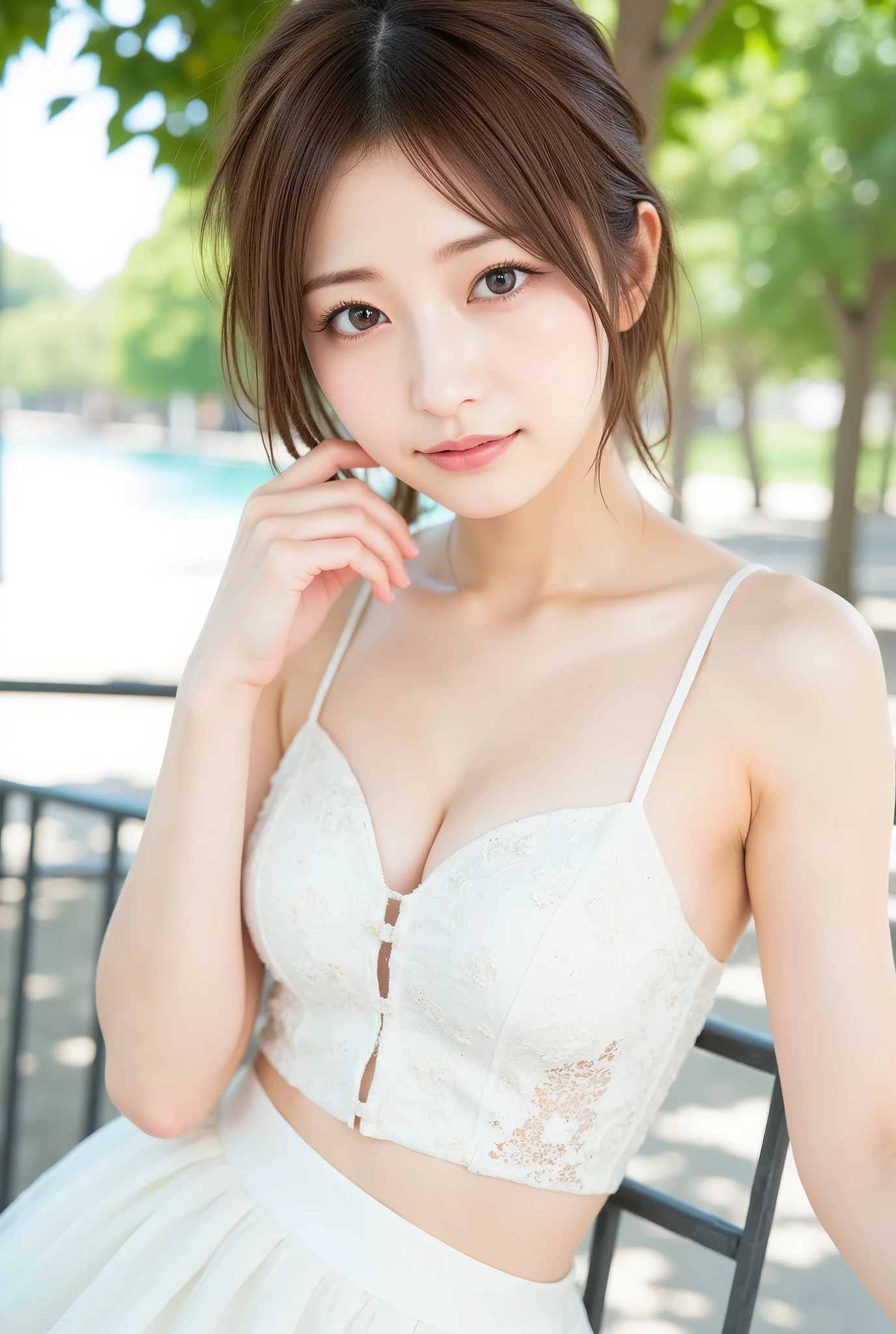 (8k, RAW photo, highest quality, masterpiece:1.2), (realistic, photo-realistic:1.37), highest quality, ultra high resolution, Light leakage, dynamic lighting, slim, smooth skin, (face to face with the children_v1:1), K-POPアイドル,(beautiful and detailed face:1),(free buff:1.2), outdoors, Ulzzang-6500, 1 girl, whole body, from before, Front view, (round face:1.2), (round chin:1.2),