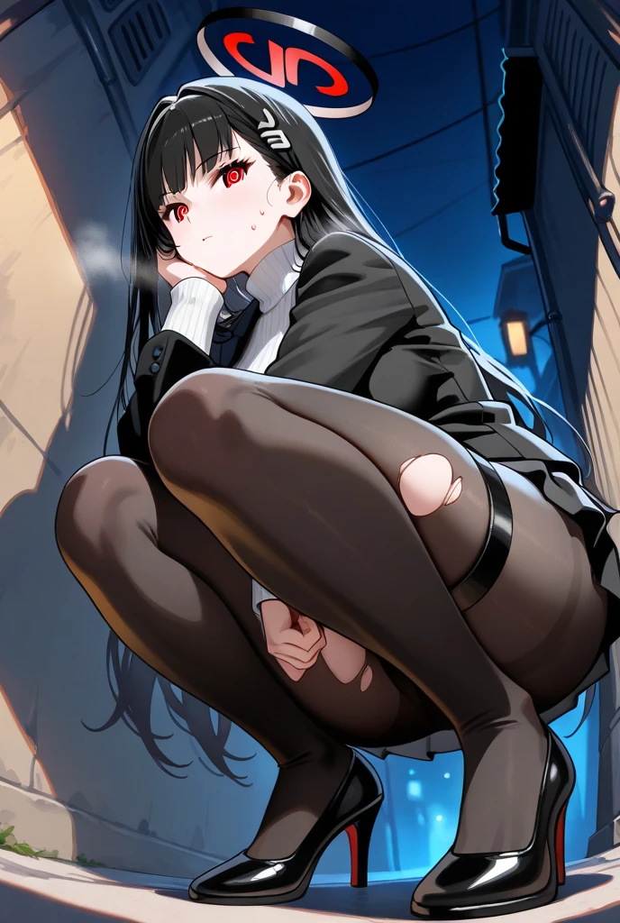 1girl in、Front-facing、Composition from below、Full body portrait、brown haired、Shorthair、Medium haircut、red blush、Absolute Area、Black knee socks、Black knee high、Black stockings、Black pantyhose、Black Lace Pantyhose、White underwear、white panties、No shoes、without shoes、White pleated skirt、student clothes、Japan High School Student Uniform、summer clothing、inside the house、during daytime、(small tits)、((full bodyesbian))、masterpiece、(top-quality)