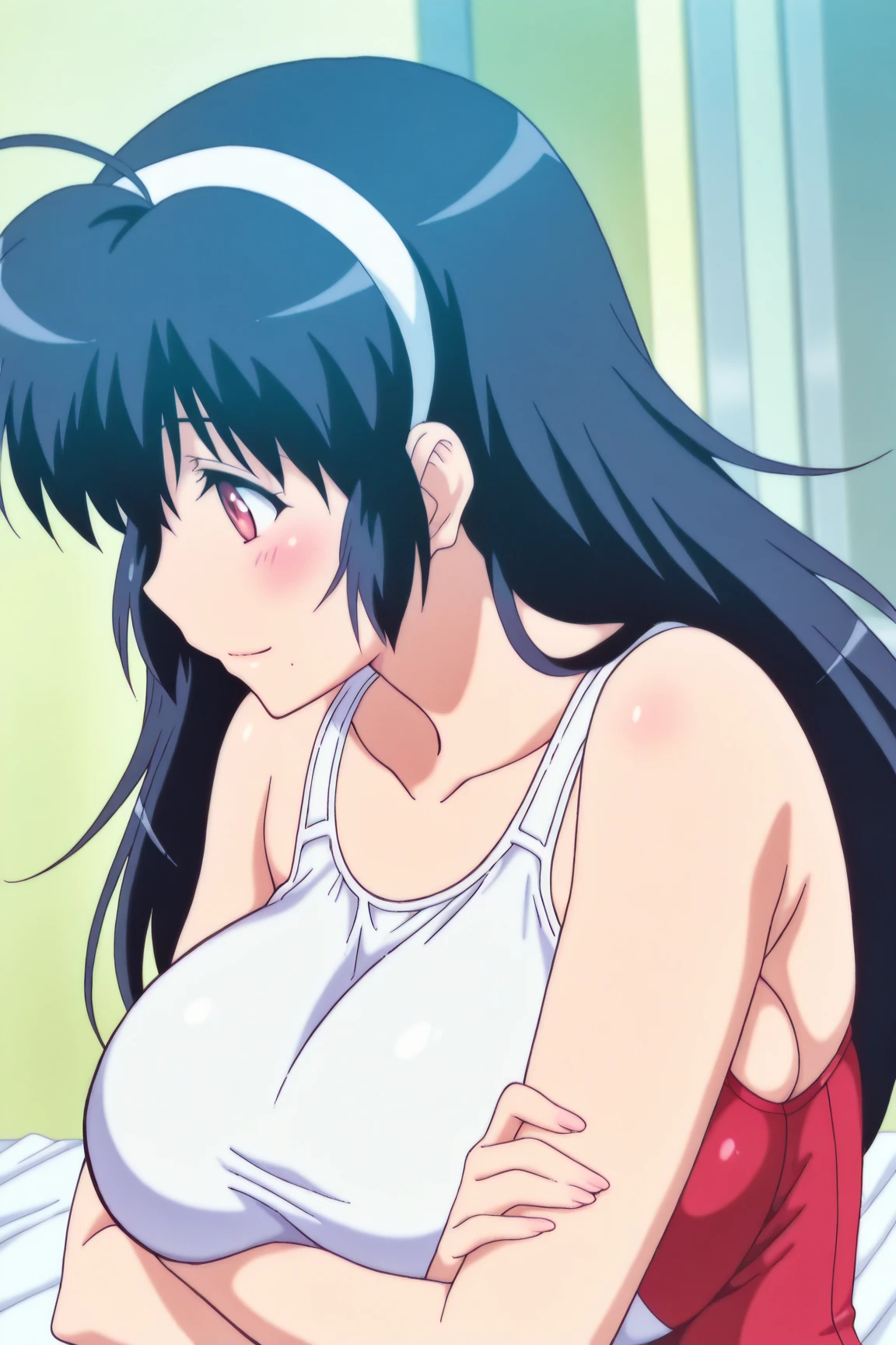 Yuri sitting on her knees, on the floor, classroom, white strapless dress, ddlcyuri, hair ornament, hairclip, long hair, (purple eyes:1.1), big breasts, purple hair, 1990s style