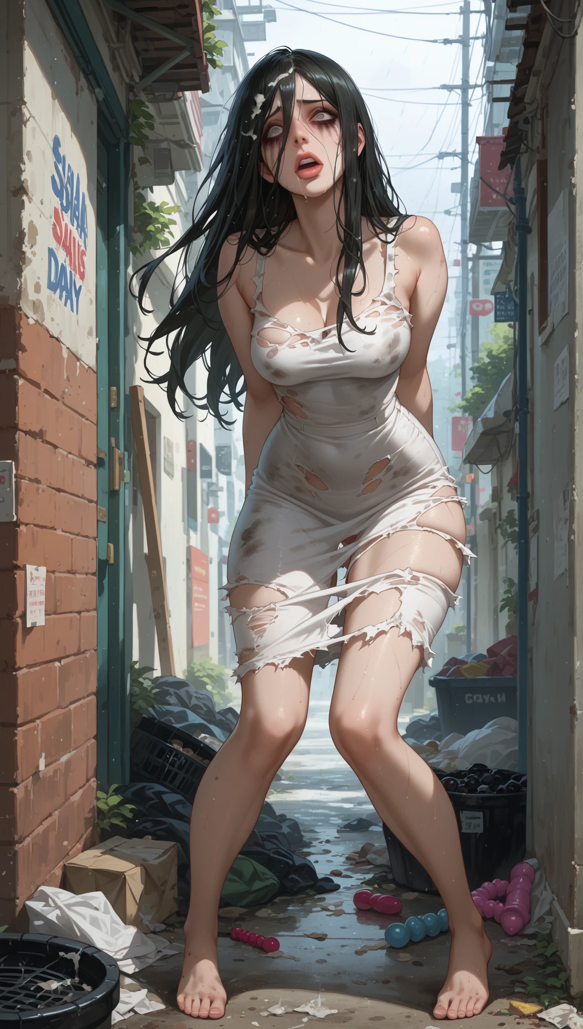 Thick outline, comics, Realistic, One girl, Completely naked,alone, ice, I'm peeing, Cowboy Shot, (kuchiki_Rukia), Japanese Street, Detailed Background, Detailed face, Fine grain